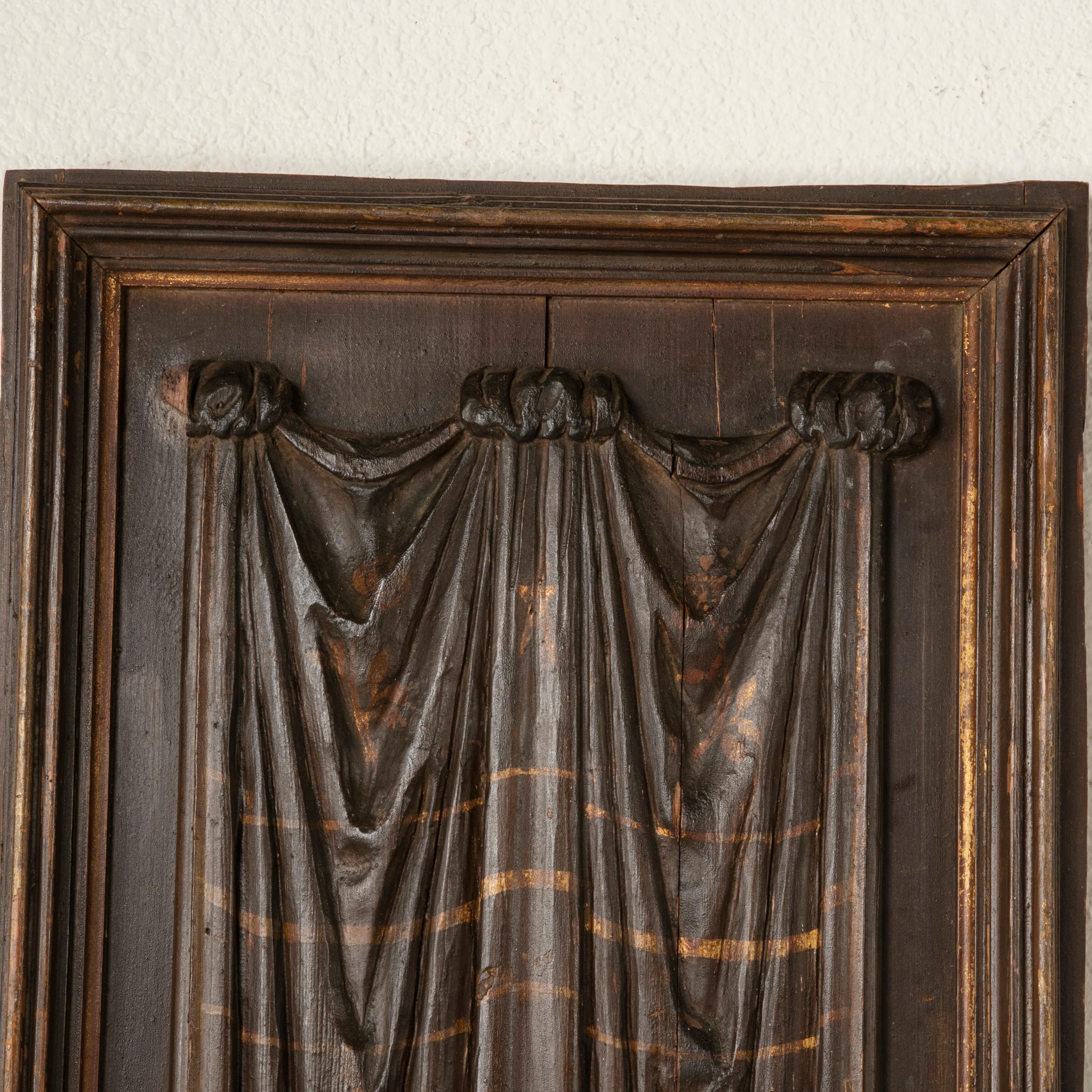 Paint French Hand Carved Patinated Oak Panel with Gold Detailing, circa 1900