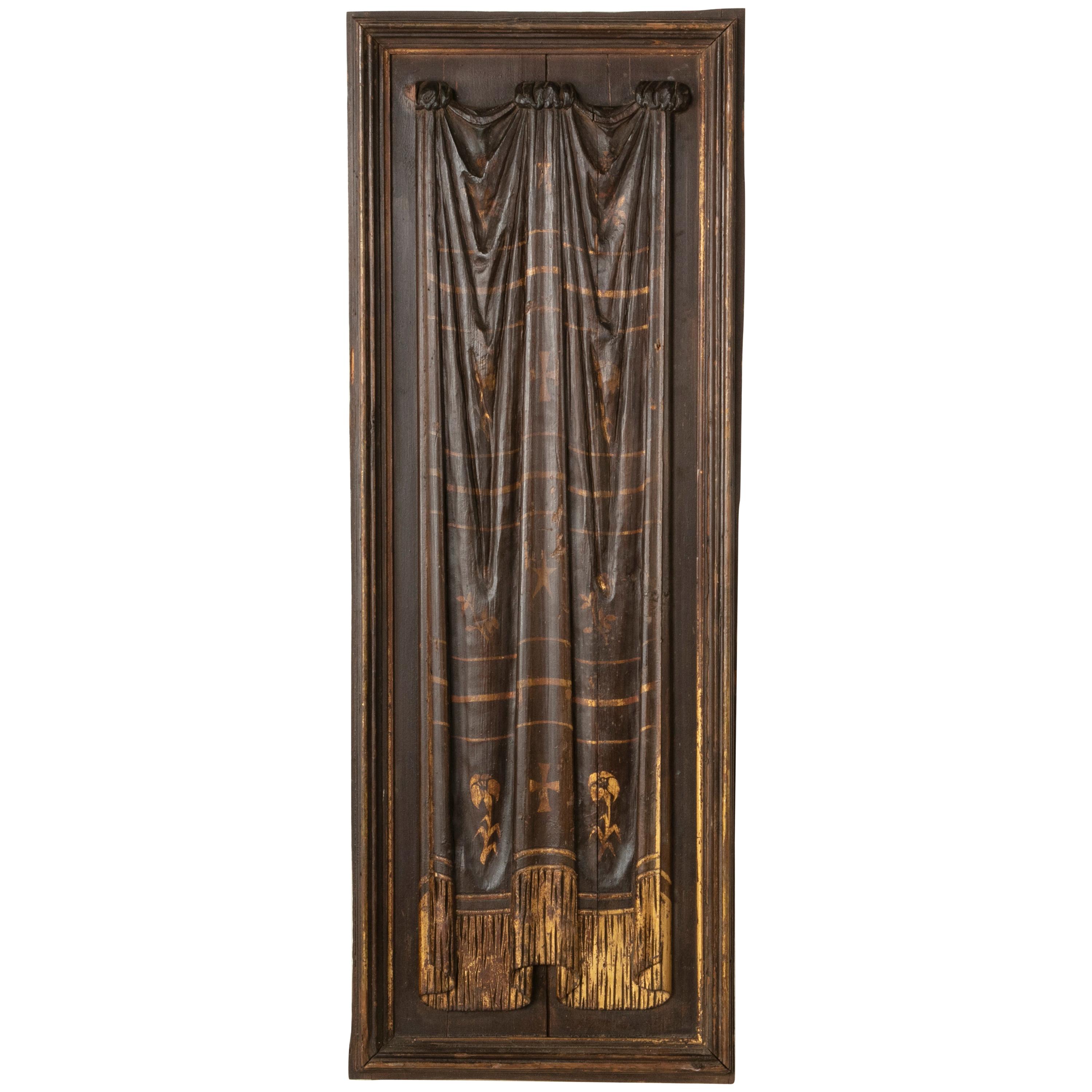 French Hand Carved Patinated Oak Panel with Gold Detailing, circa 1900