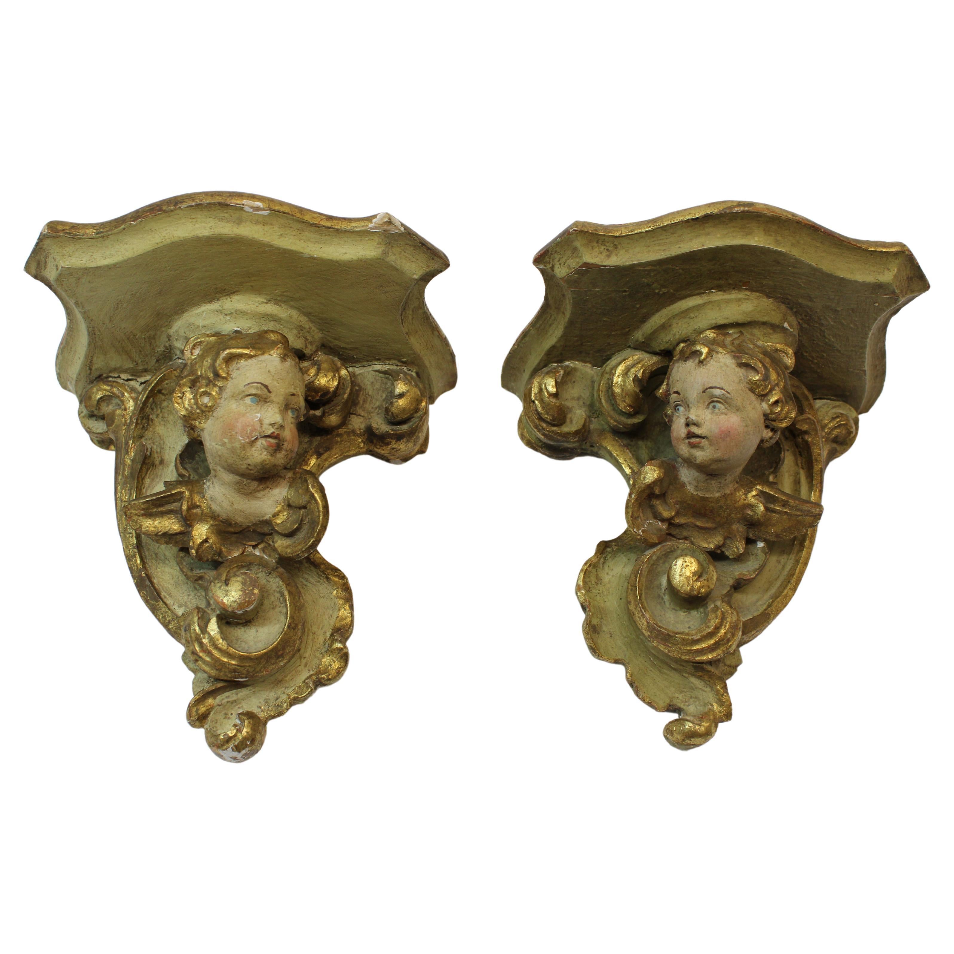 French Hand Carved Putti Wall Shelves For Sale