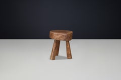 French Hand-Carved Solid Oak Primitive Stool, France, 1950s