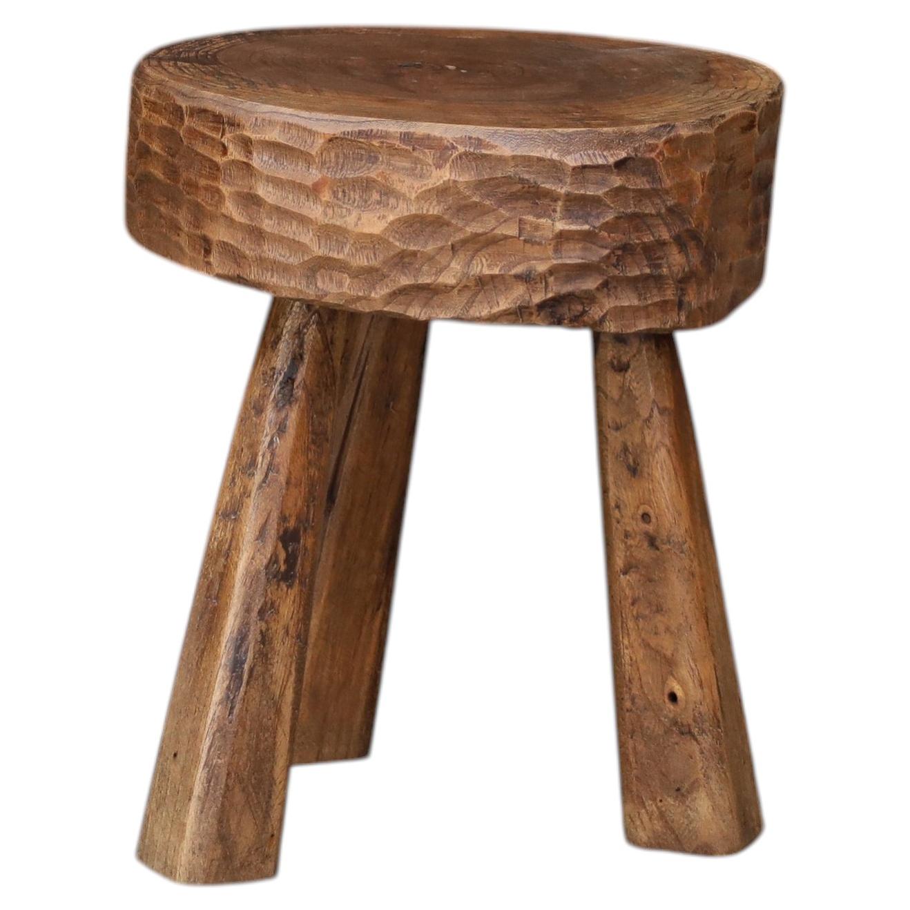 French Hand-Carved Solid Oak Primitive Stool, France, 1950s For Sale