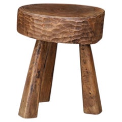 French Hand-Carved Solid Oak Primitive Stool, France, 1950s