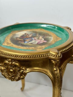 French Hand Carved Table with Porcelain Plaque & Gold Finish