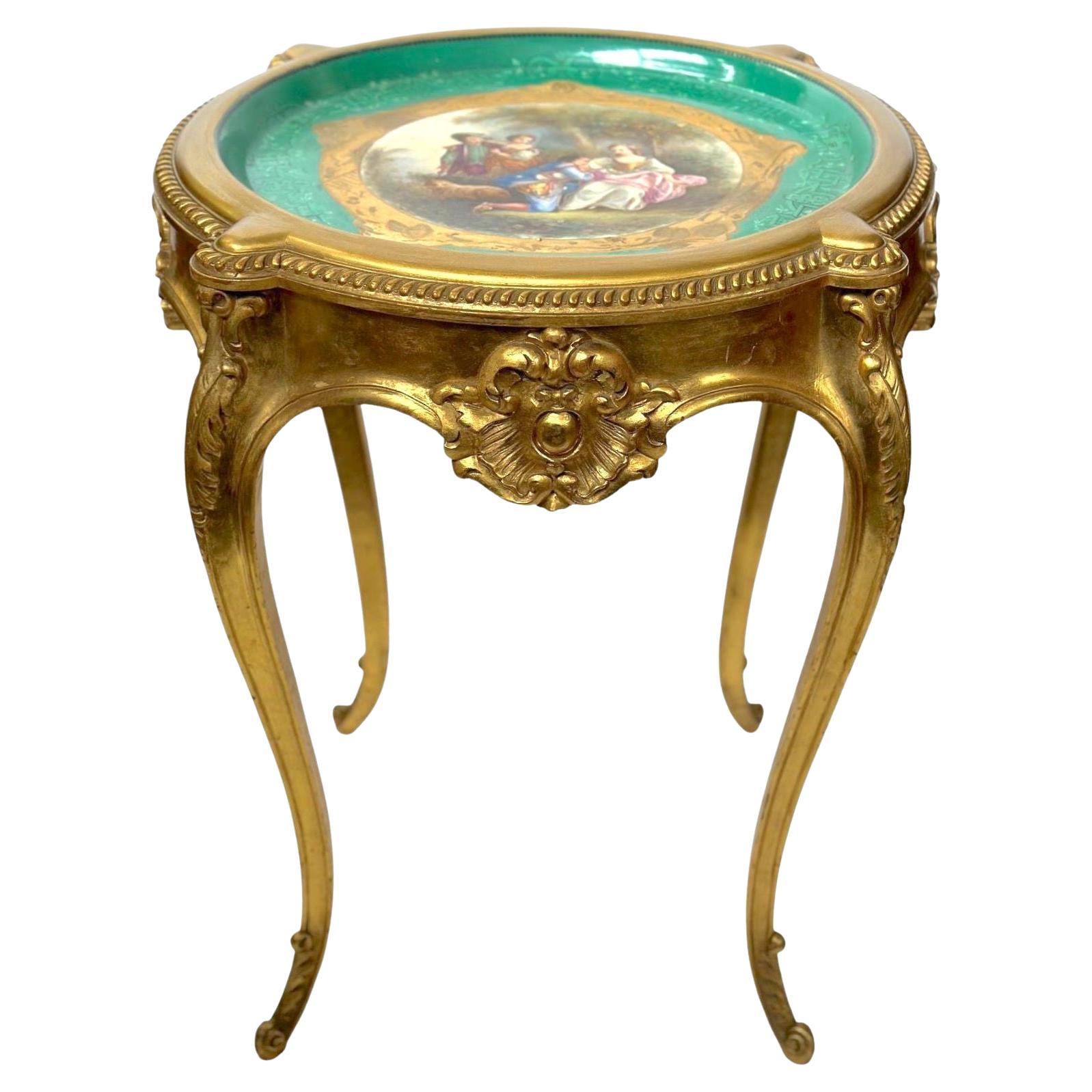 French Hand Carved Table with Porcelain Plaque & Gold Finish