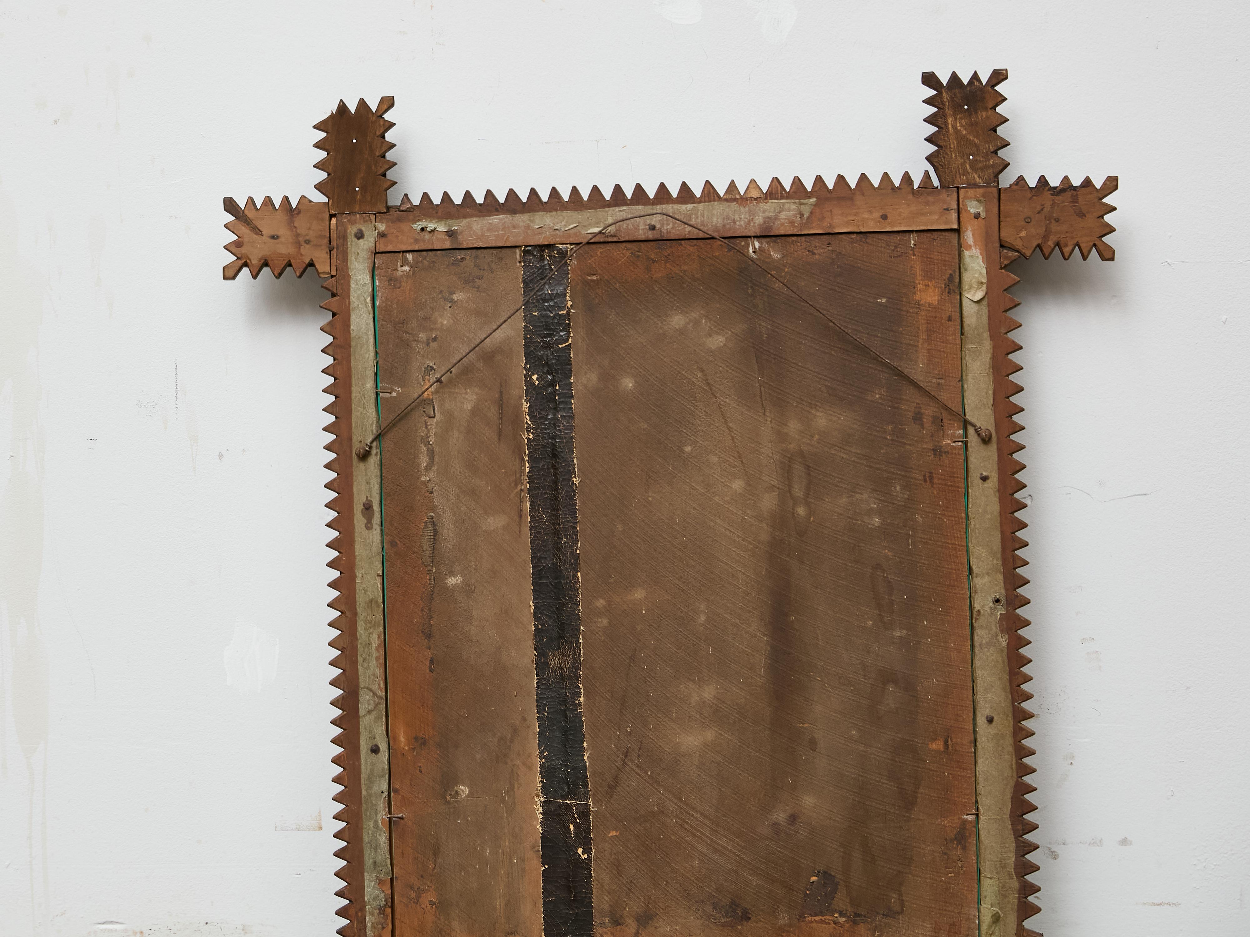 French Hand-Carved Tramp Art Mirror with Star Accents, circa 1900 For Sale 5