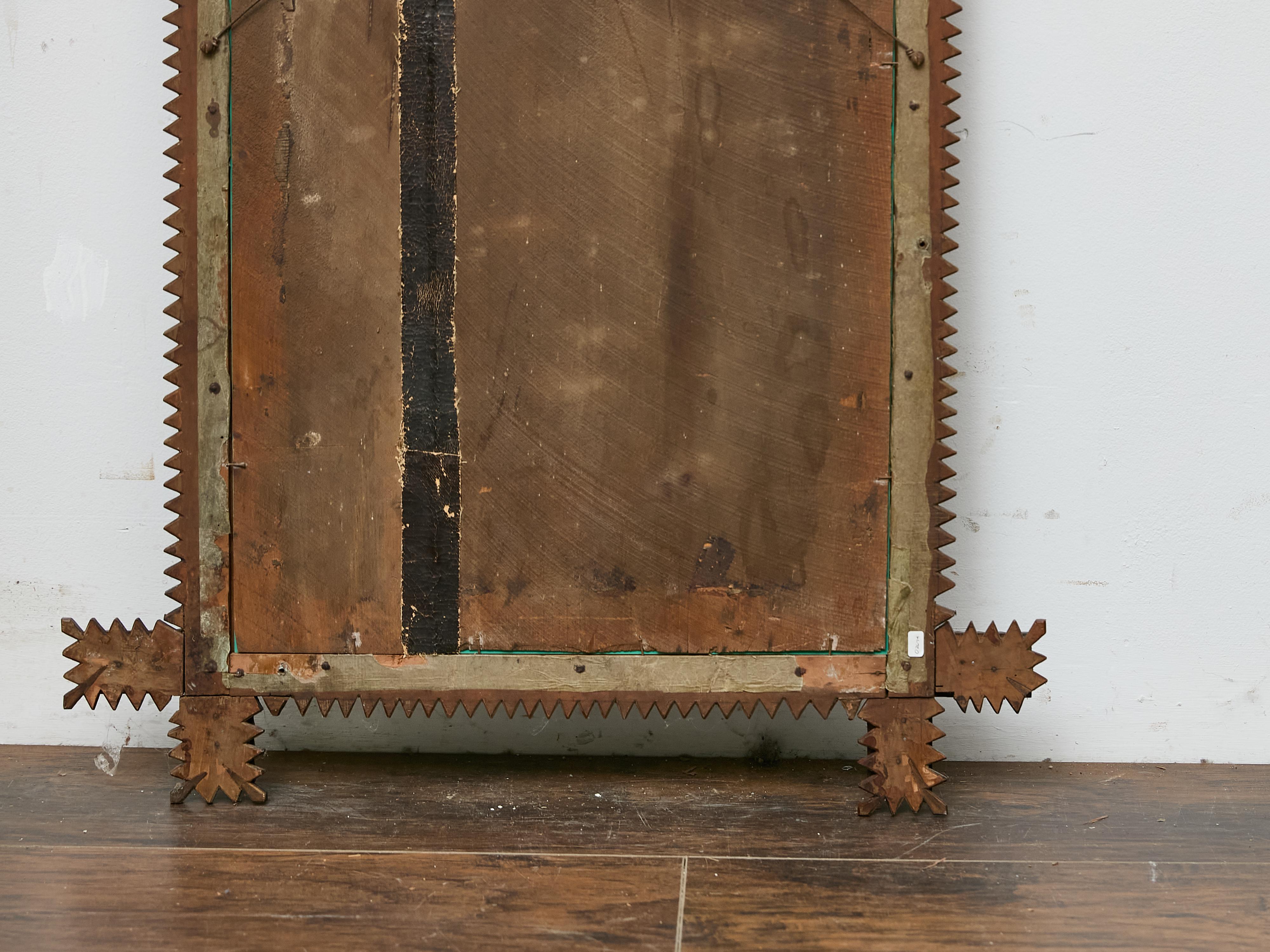 French Hand-Carved Tramp Art Mirror with Star Accents, circa 1900 For Sale 6