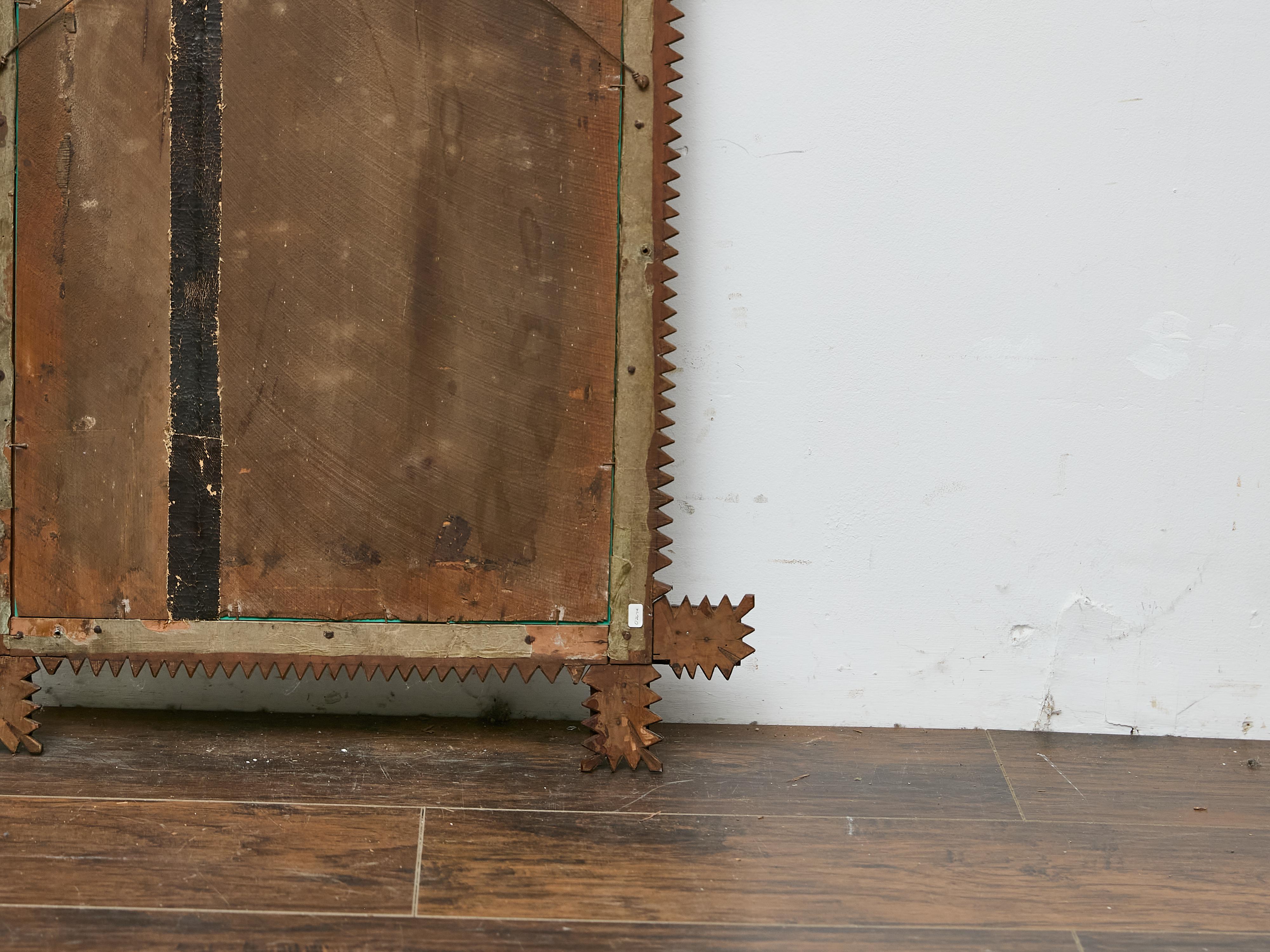 French Hand-Carved Tramp Art Mirror with Star Accents, circa 1900 For Sale 7