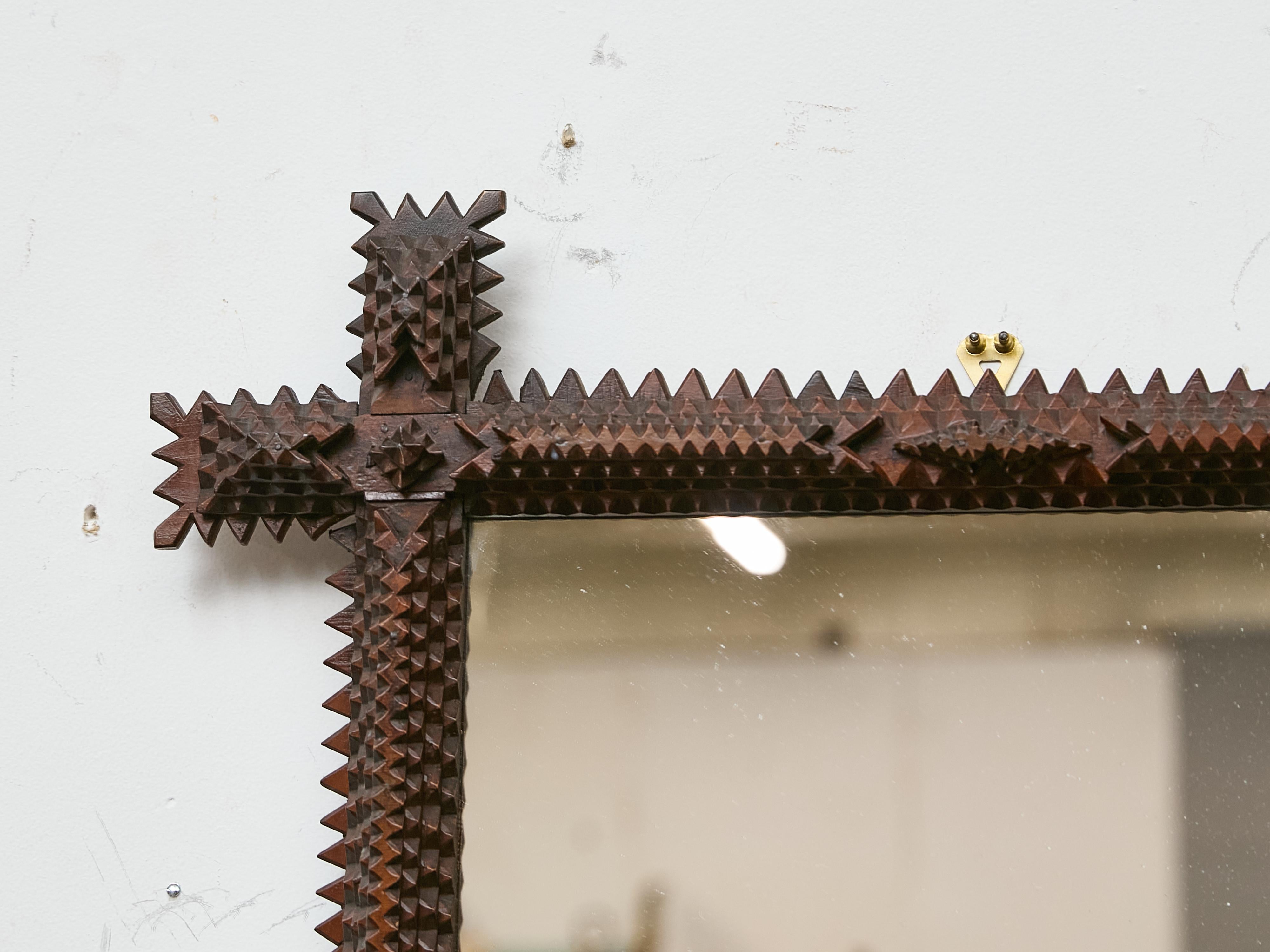 20th Century French Hand-Carved Tramp Art Mirror with Star Accents, circa 1900 For Sale