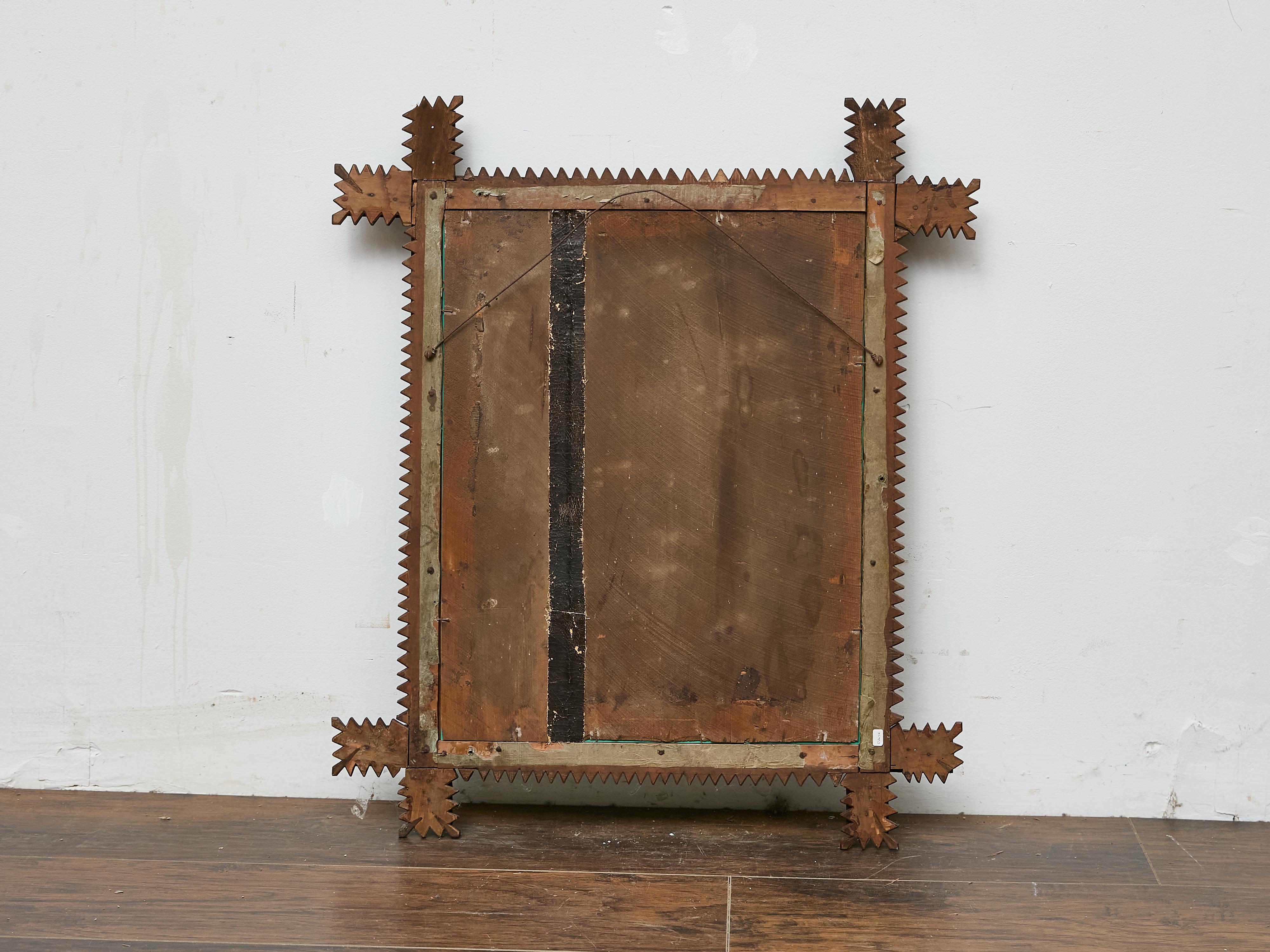 French Hand-Carved Tramp Art Mirror with Star Accents, circa 1900 For Sale 3
