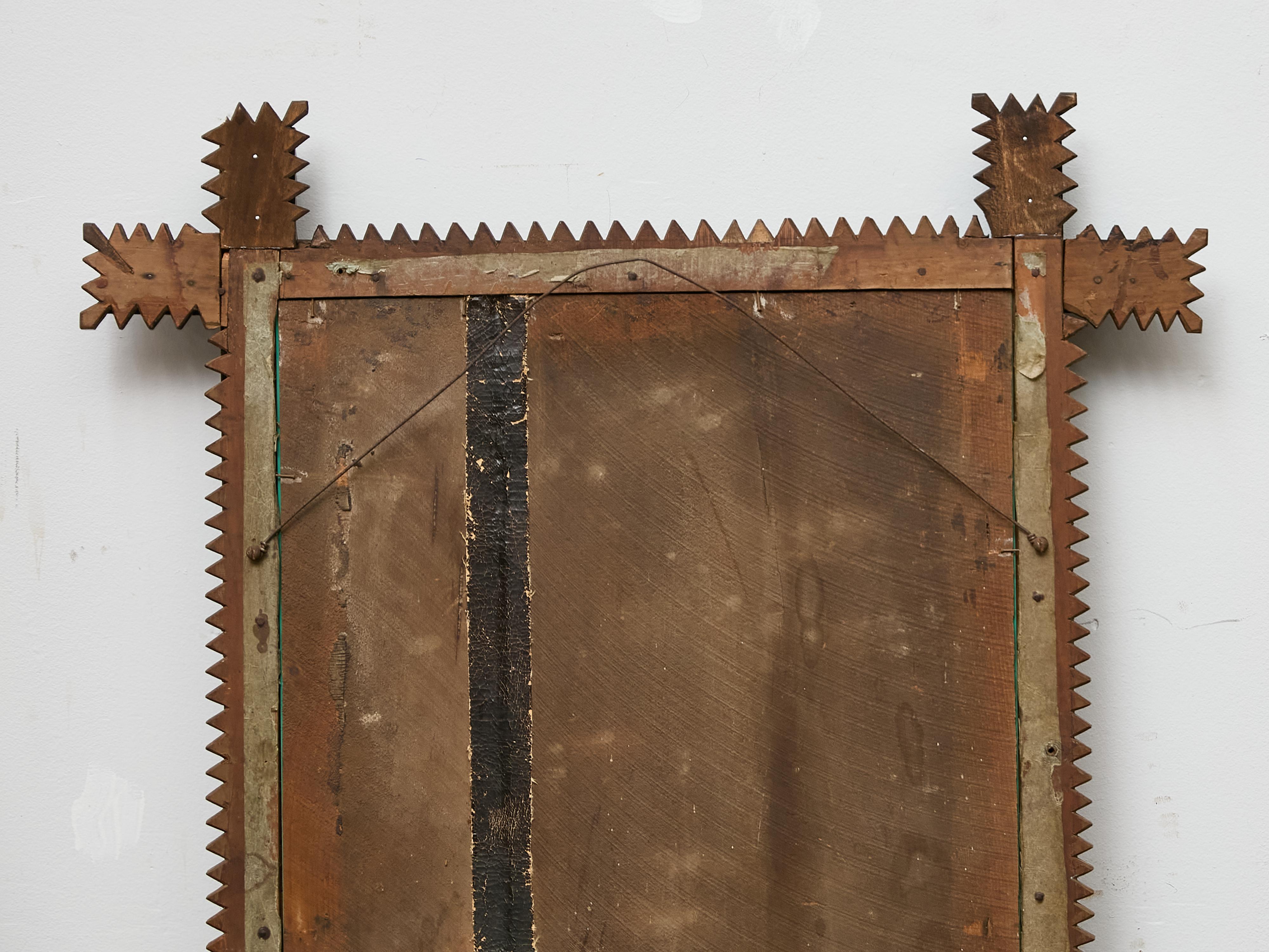 French Hand-Carved Tramp Art Mirror with Star Accents, circa 1900 For Sale 4