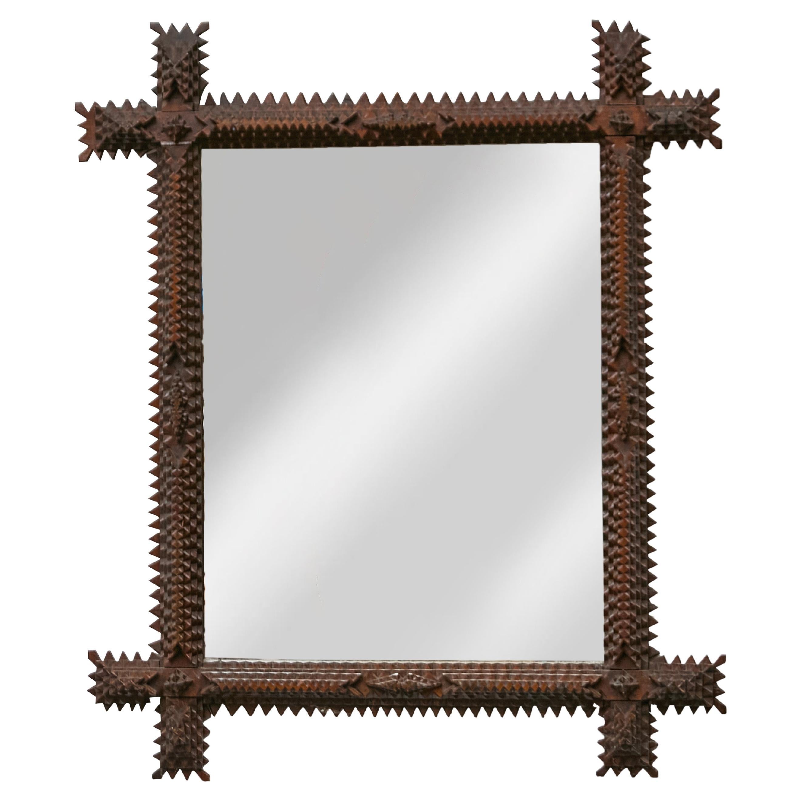 French Hand-Carved Tramp Art Mirror with Star Accents, circa 1900 For Sale