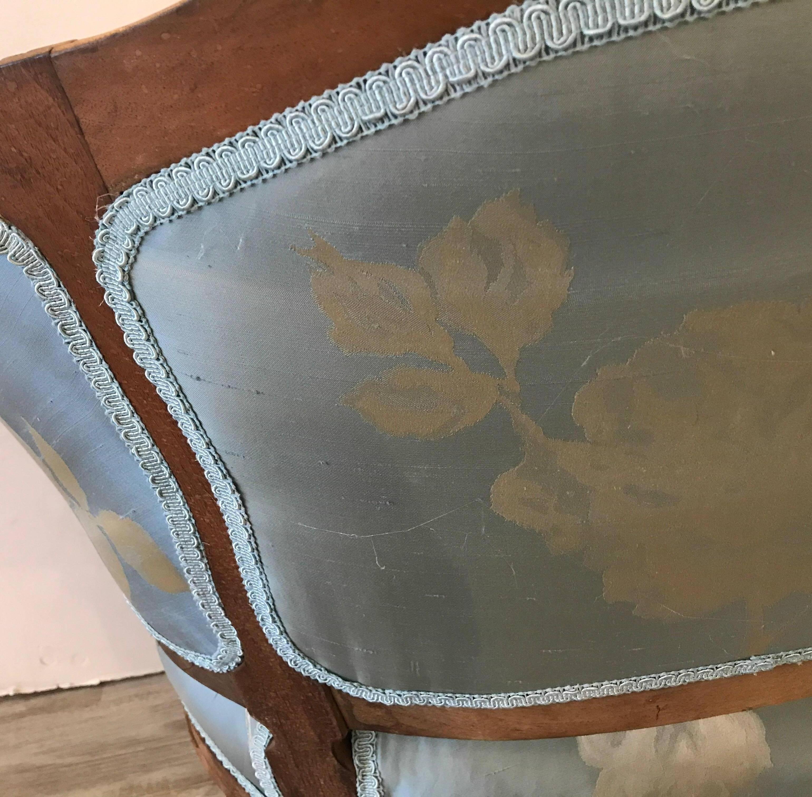 20th Century French Hand Carved Walnut Chair with Silk Upholstrey
