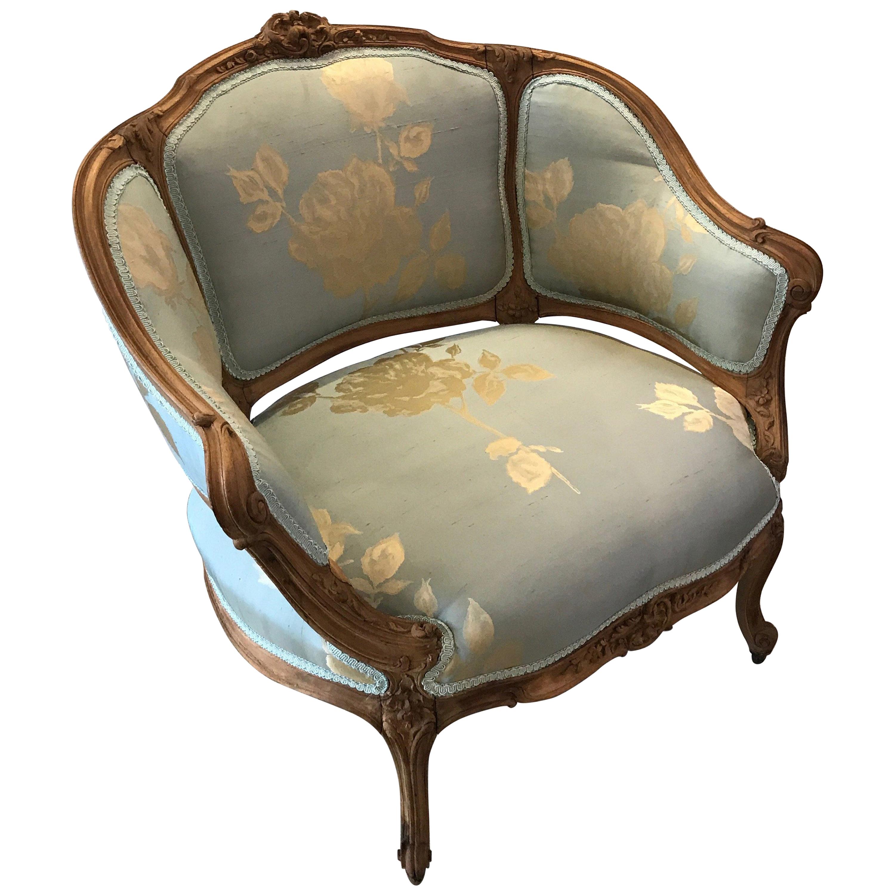 French Hand Carved Walnut Chair with Silk Upholstrey