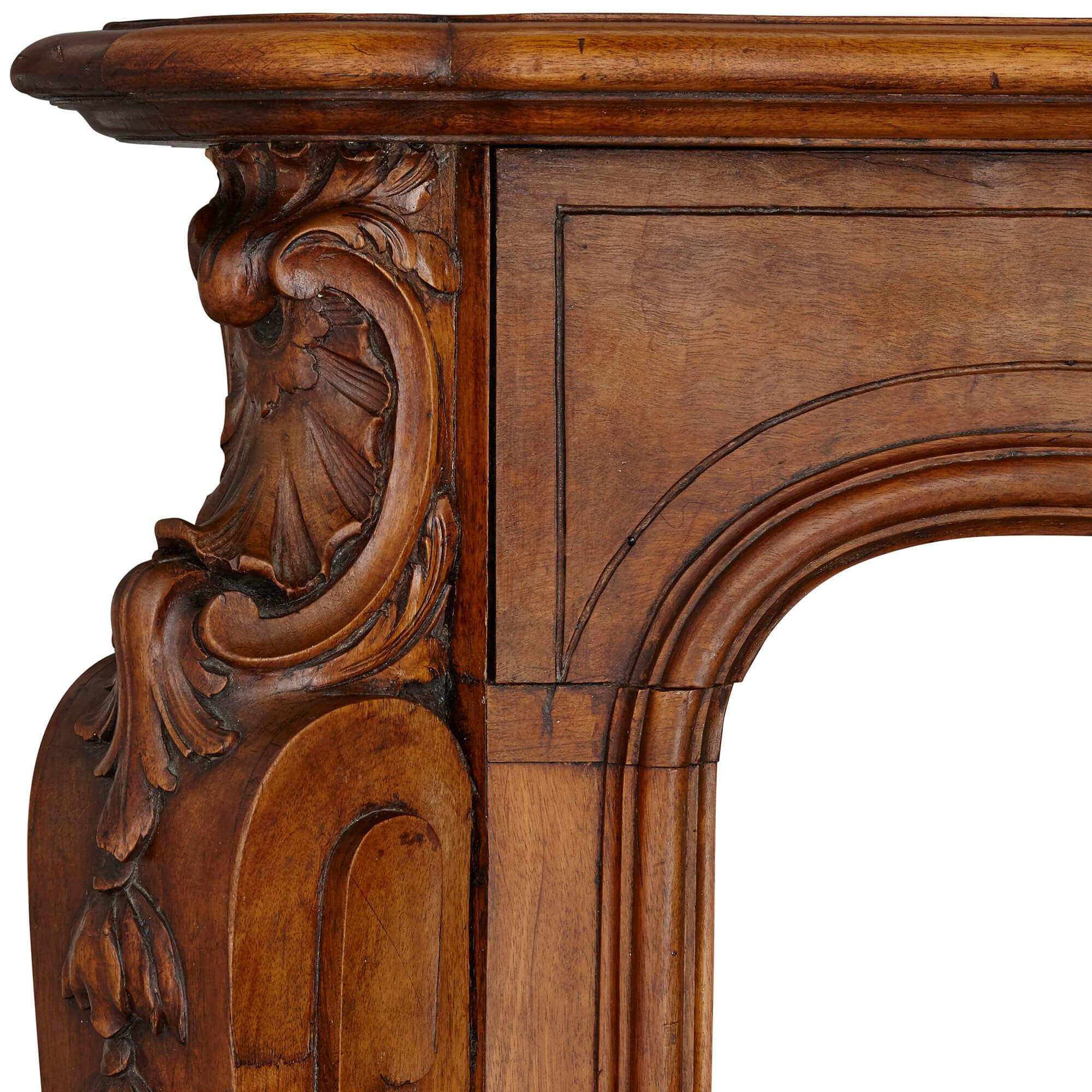 19th Century French Hand-Carved Walnut Fireplace For Sale