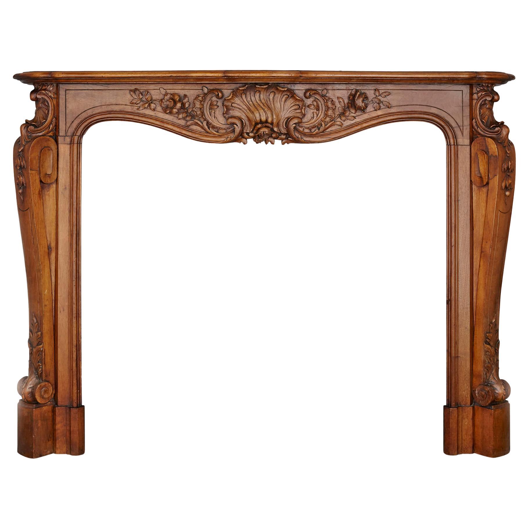 French Hand-Carved Walnut Fireplace For Sale