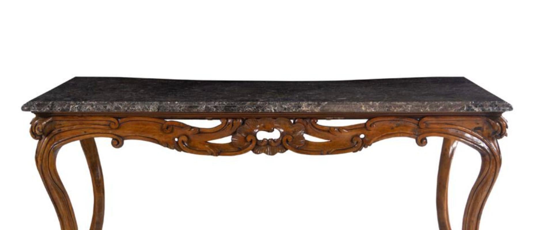 French Hand Carved Walnut & Marble Top Console In Good Condition For Sale In Los Angeles, CA
