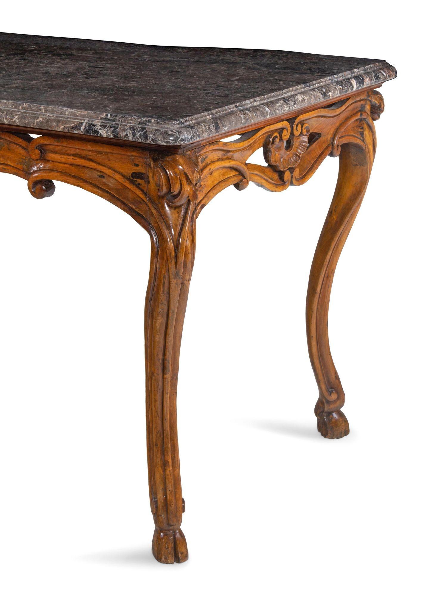 18th Century and Earlier French Hand Carved Walnut & Marble Top Console For Sale