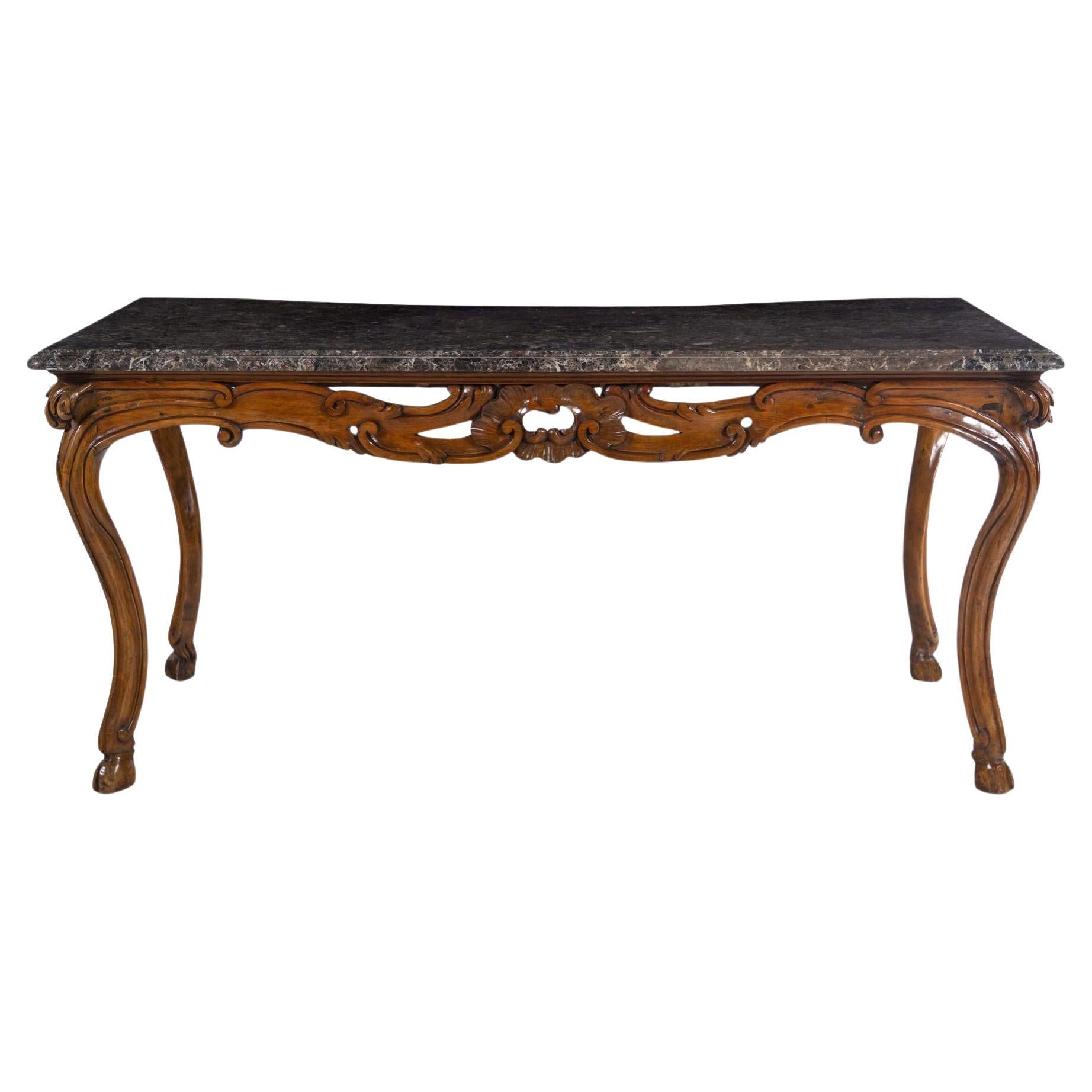 French Hand Carved Walnut & Marble Top Console