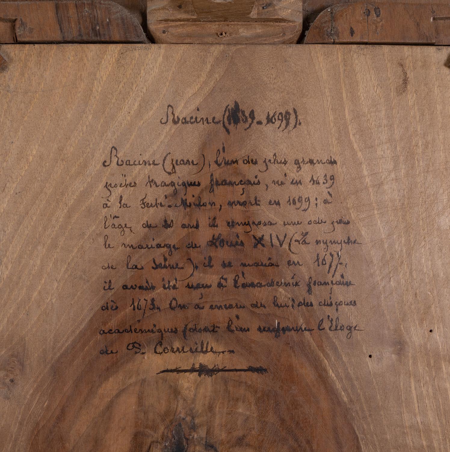 Französisch Hand geschnitzt Nussbaum Panel - Dramatiker Jean Racine (1639-1699) von 1889 im Angebot 3