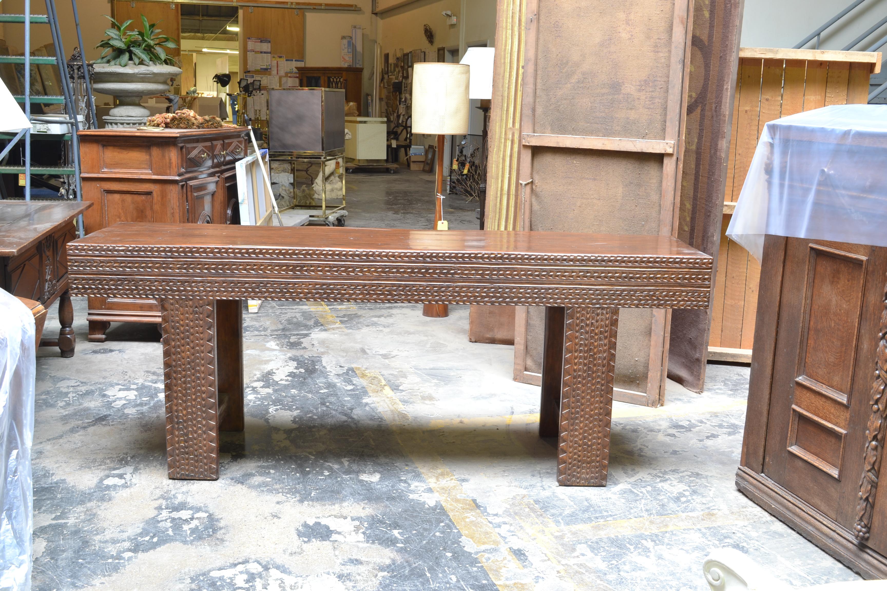 French Hand Carved Walnut Sofa Console Table with End Drawers from the Pyrenees In Good Condition In Chicago, IL