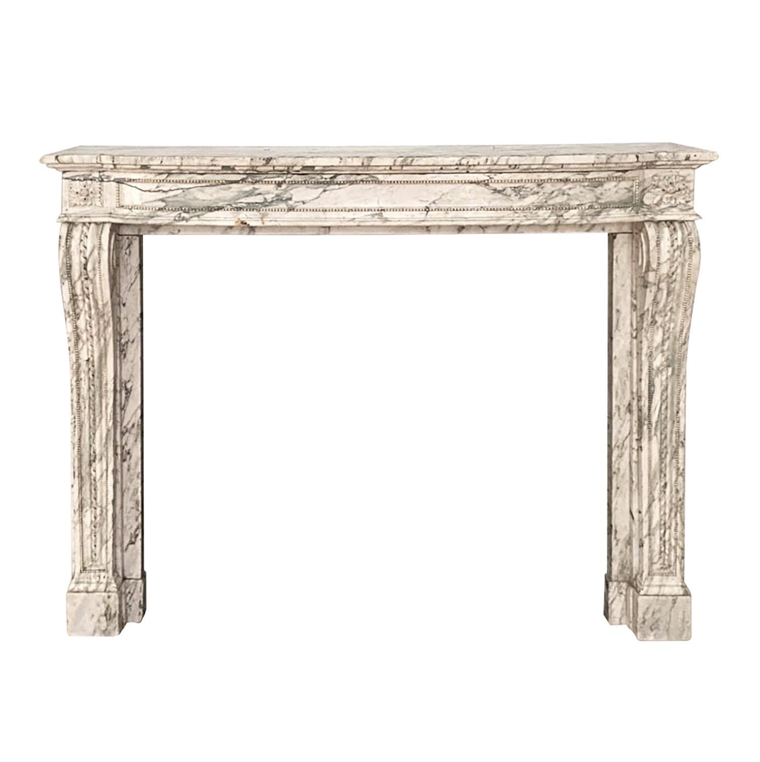 19th Century French Hand Carved White Gray Veined Marble Mantel For Sale