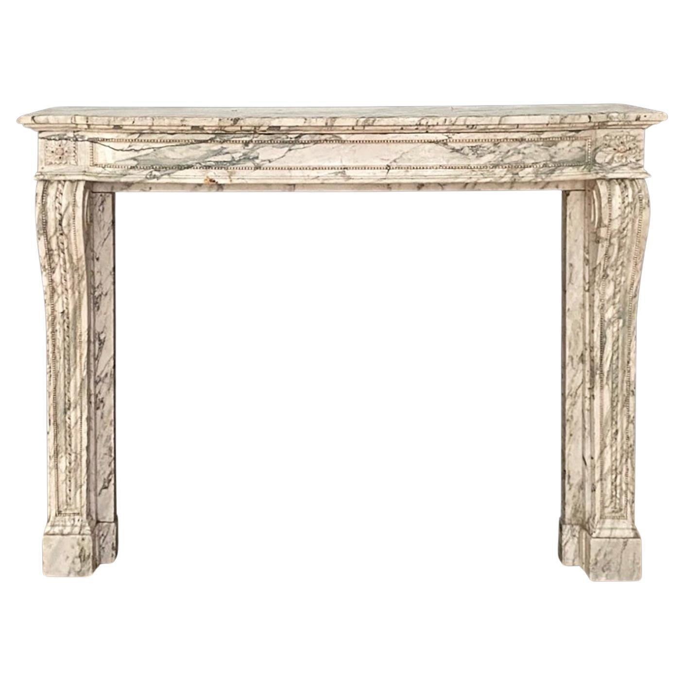 French Hand Carved White Gray Veined Marble Mantel For Sale