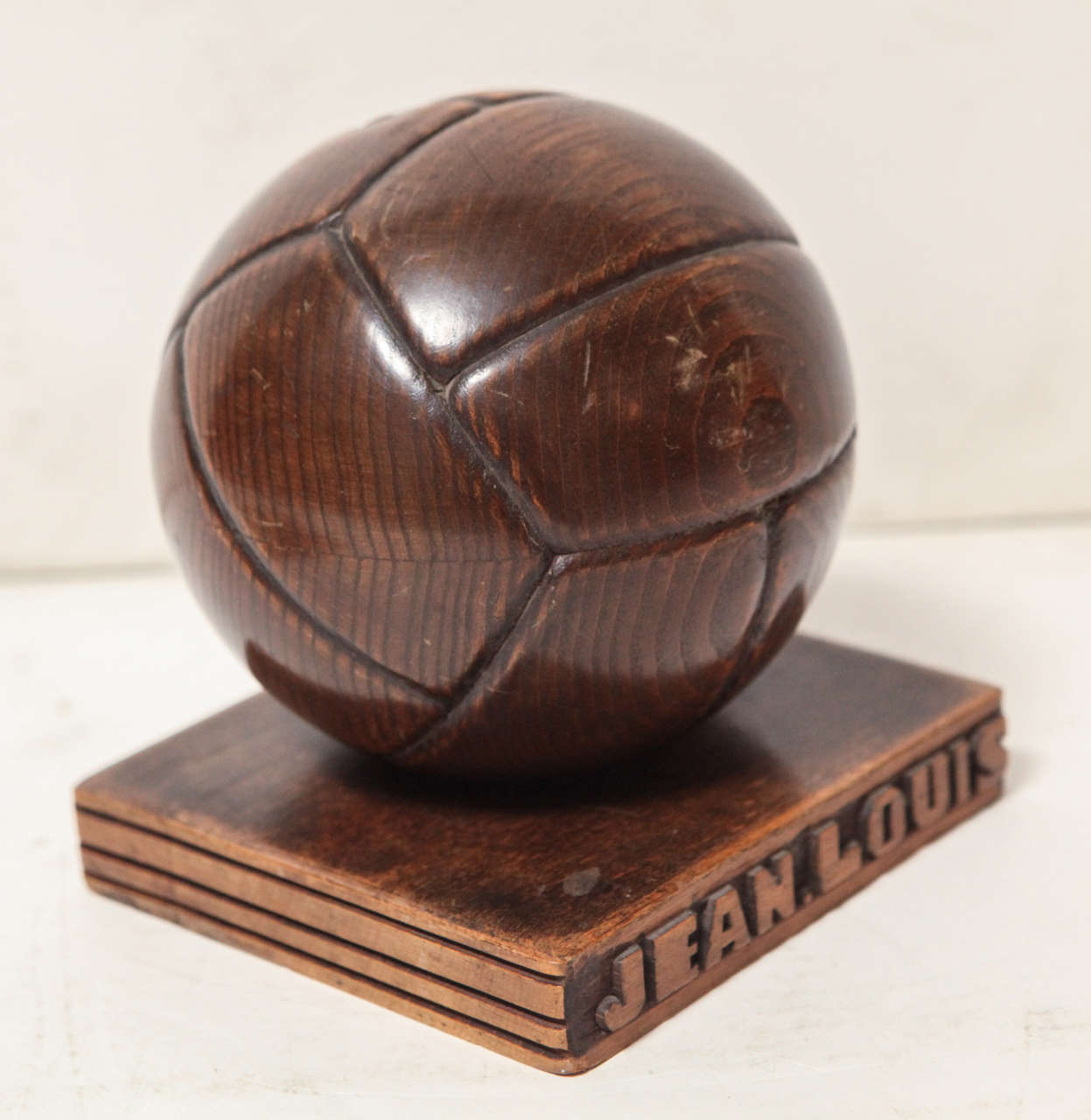 French Hand Carved Wood Soccer Ball Piggy Bank In Good Condition For Sale In Cathedral City, CA