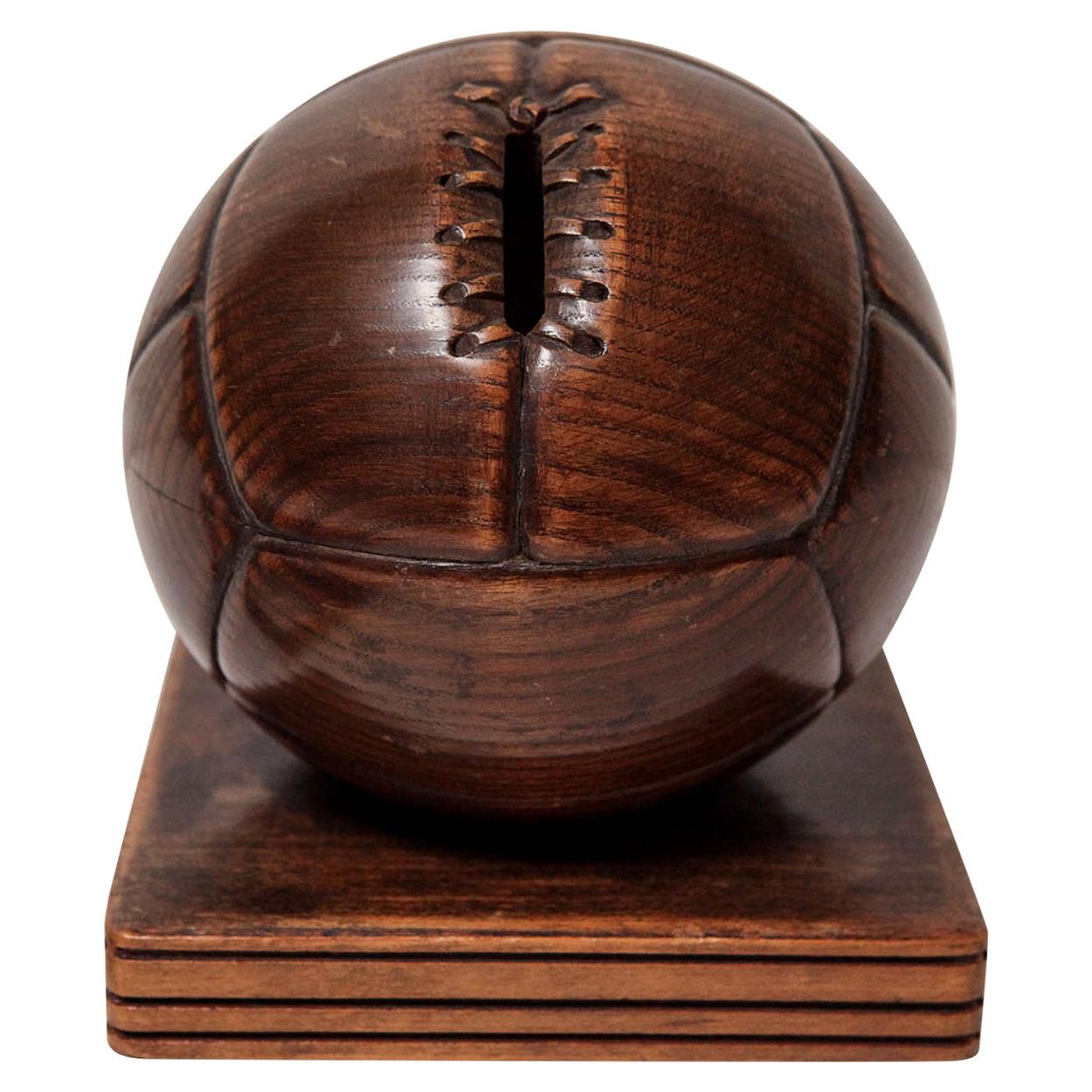 French Hand Carved Wood Soccer Ball Piggy Bank For Sale