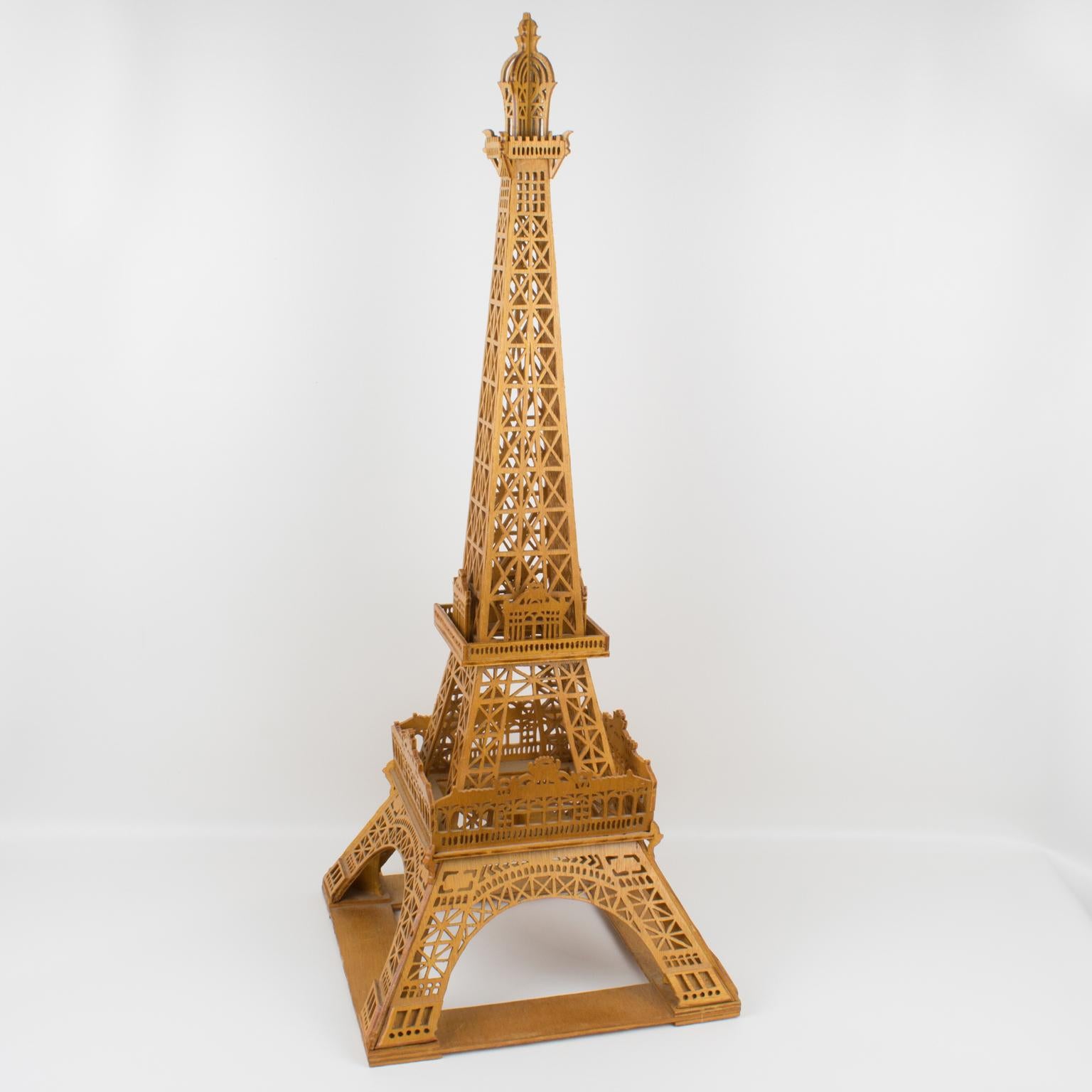 French Hand-Carved Wooden Eiffel Tower Model Miniature Sculpture 1