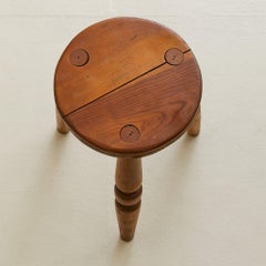 French Hand-Carved Wooden Tripod Stool, 1950s