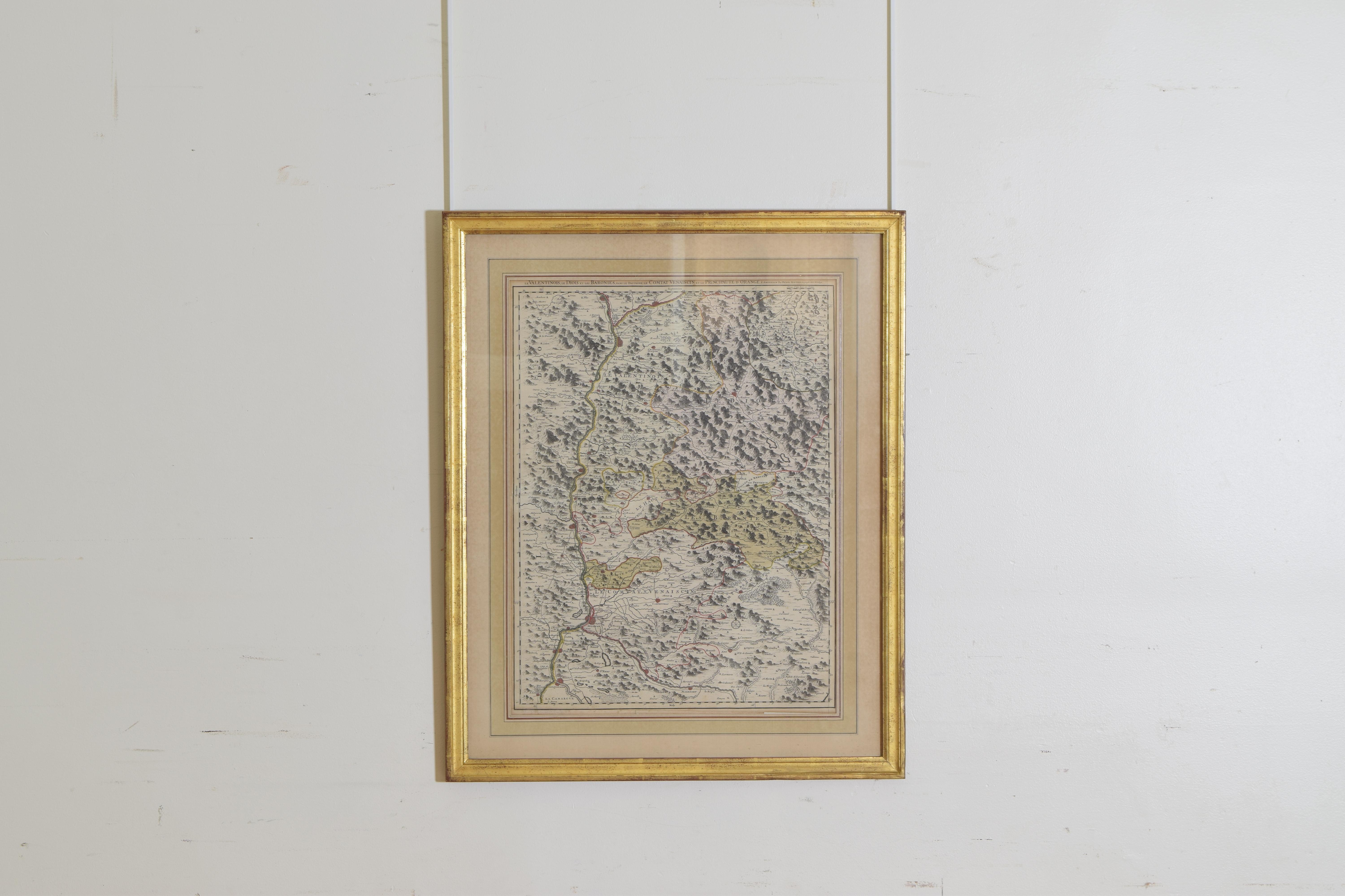 A beautifully hand colored engraving in a later, 19th century, giltwood and gilt gesso frame, hand colored mat, the map showing in great detail sections of Provence, and in French, Le Valentinois, Le Diois et les Baronies, dans le Dauphine, le