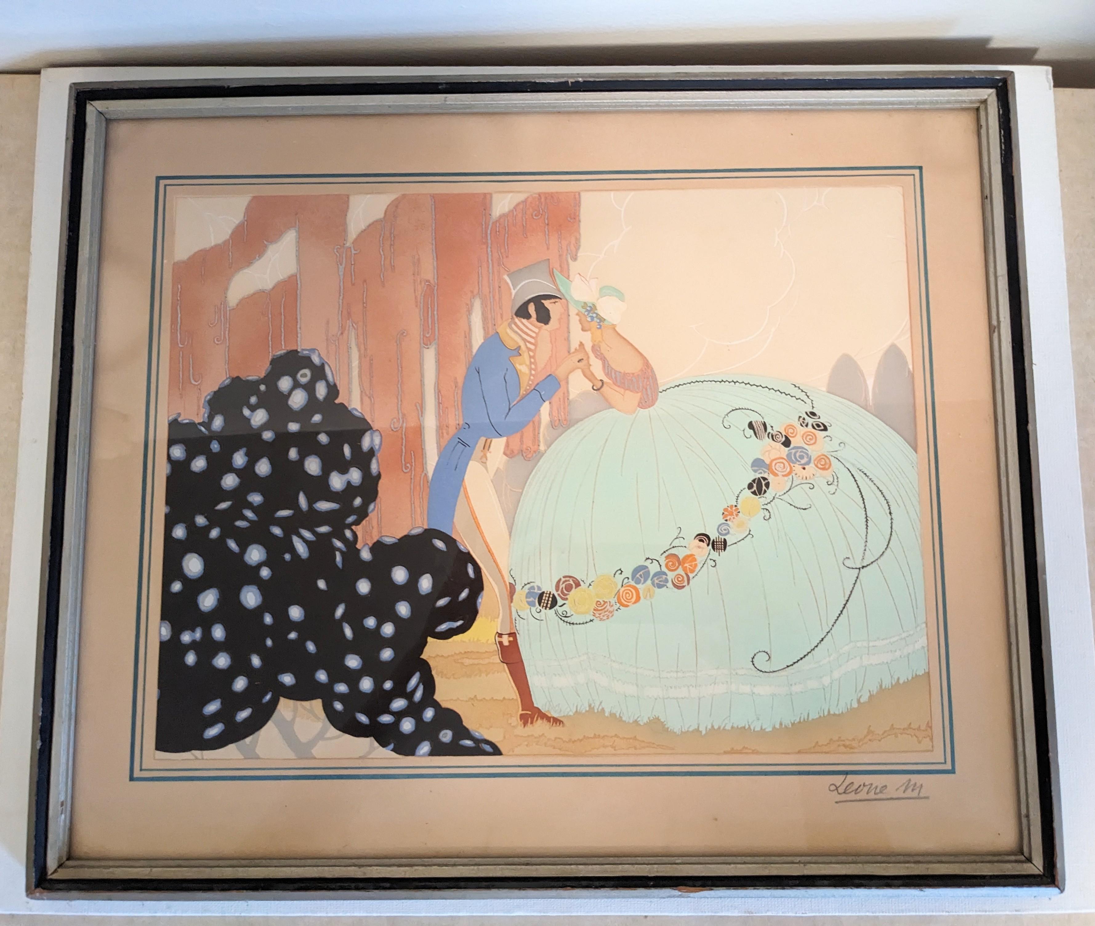 French Art Deco Hand Colored Fashion Print Pochoir by M. Leone. 1920's Hand colored print signed in the artist’s hand.
An early 20th-century French pochoir print signed Leone M. This Art Deco image depicts a young couple in period costume in a park