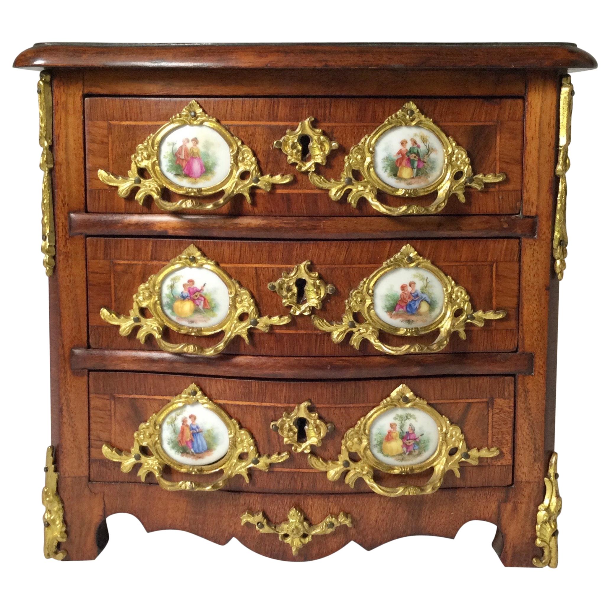 French Hand Crafted Wooden Miniature Jewelry Chest For Sale