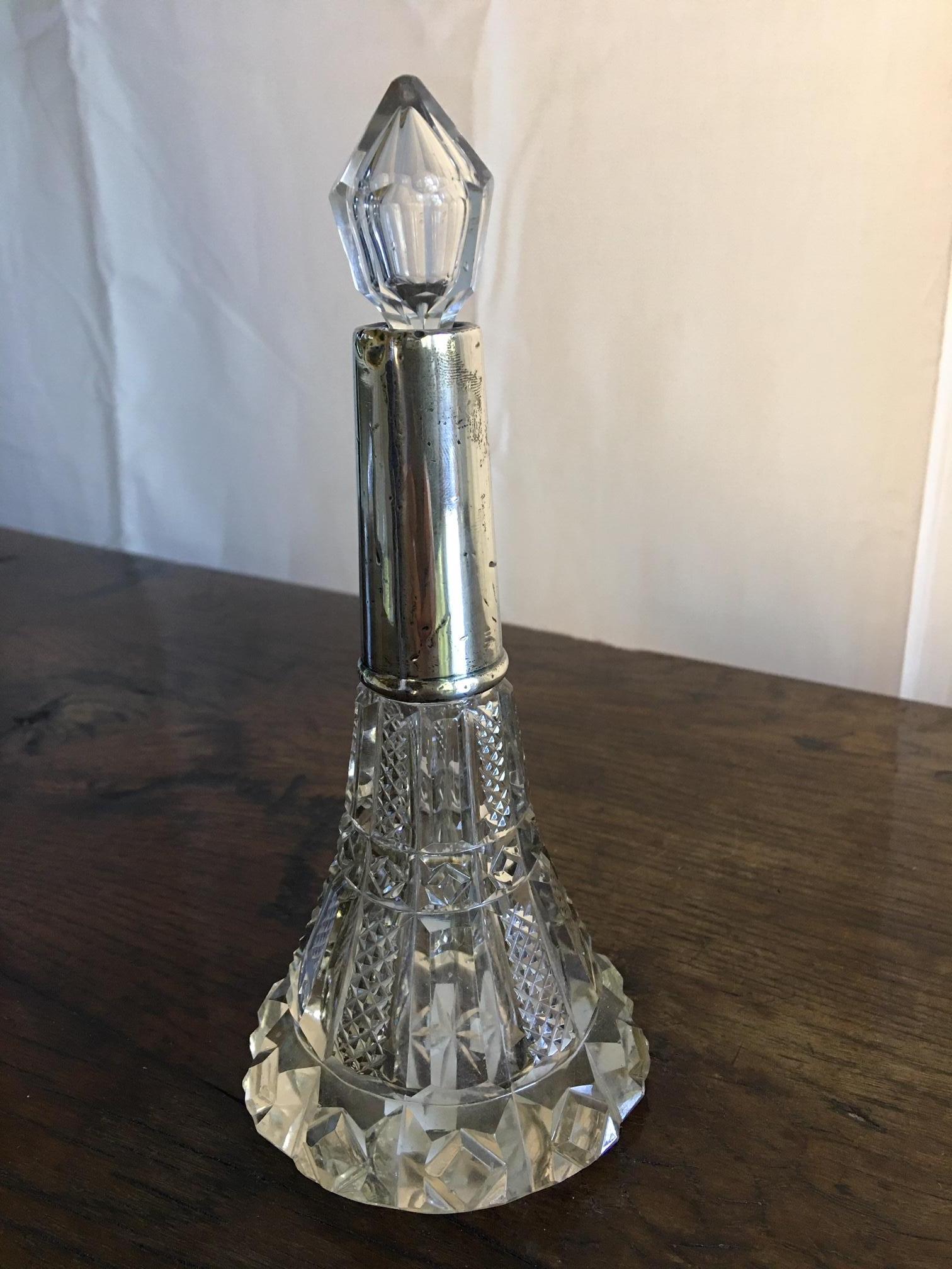 French Handcut Crystal Perfume Bottle with a Sterling Silver Top, 20th Century In Good Condition In Savannah, GA