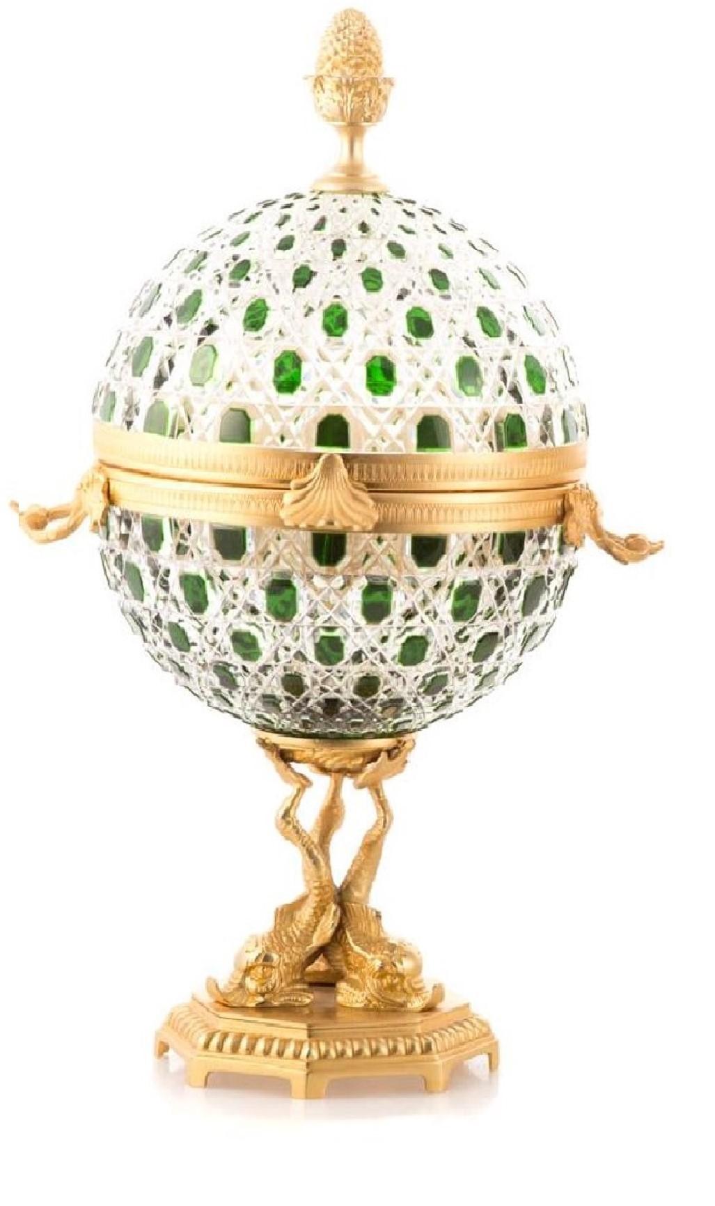 French Cut French Hand Cut Emerald Green Cut to Clear Crystal Glass Bronze Egg Liquor Set For Sale