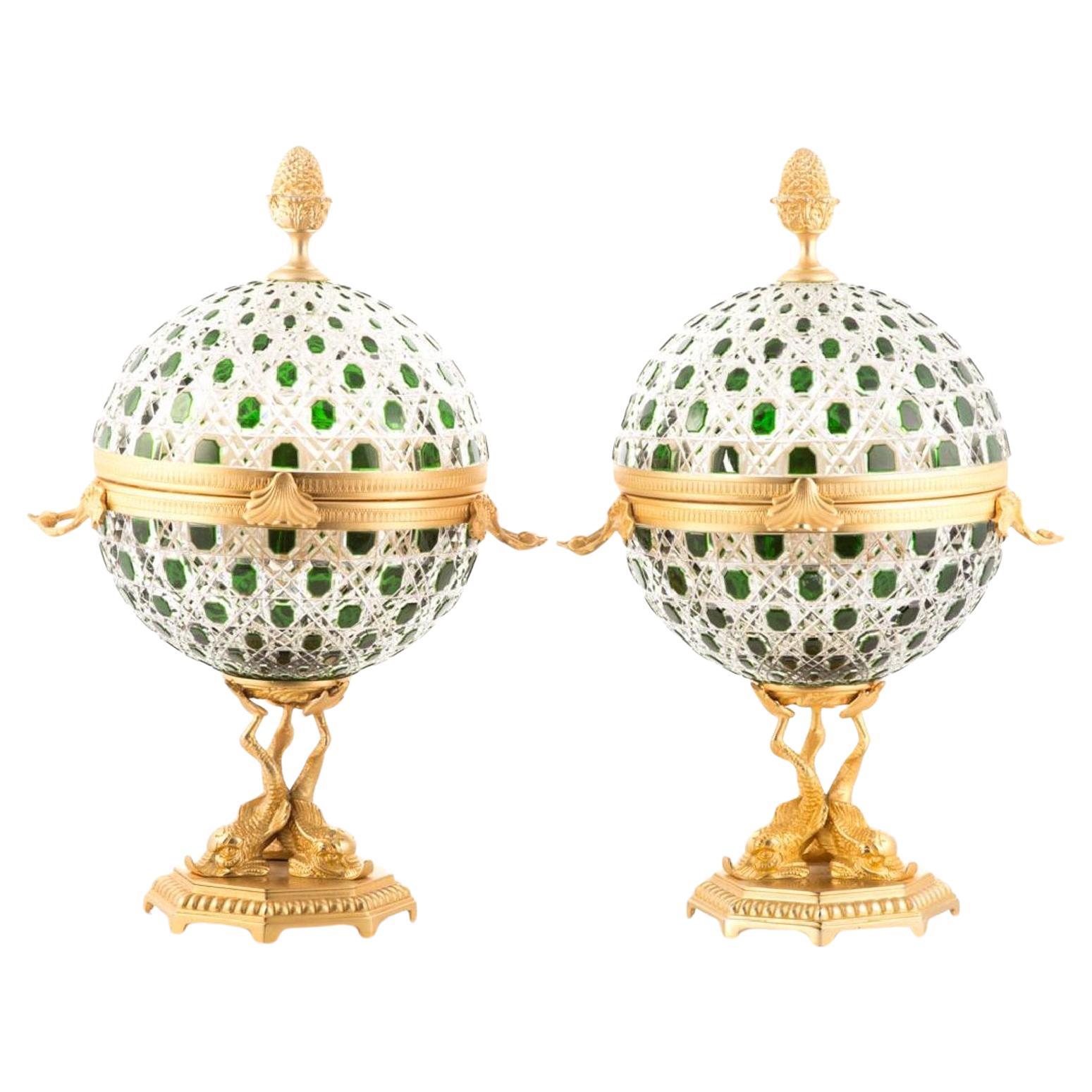 French Hand Cut Emerald Green Cut to Clear Crystal Glass Bronze Egg Liquor Set For Sale