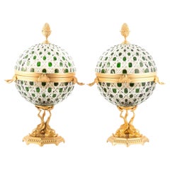 French Hand Cut Emerald Green Cut to Clear Crystal Glass Bronze Egg Liquor Set