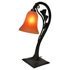 French Hand Forged Iron Blown Glass Art Deco Table Lamp