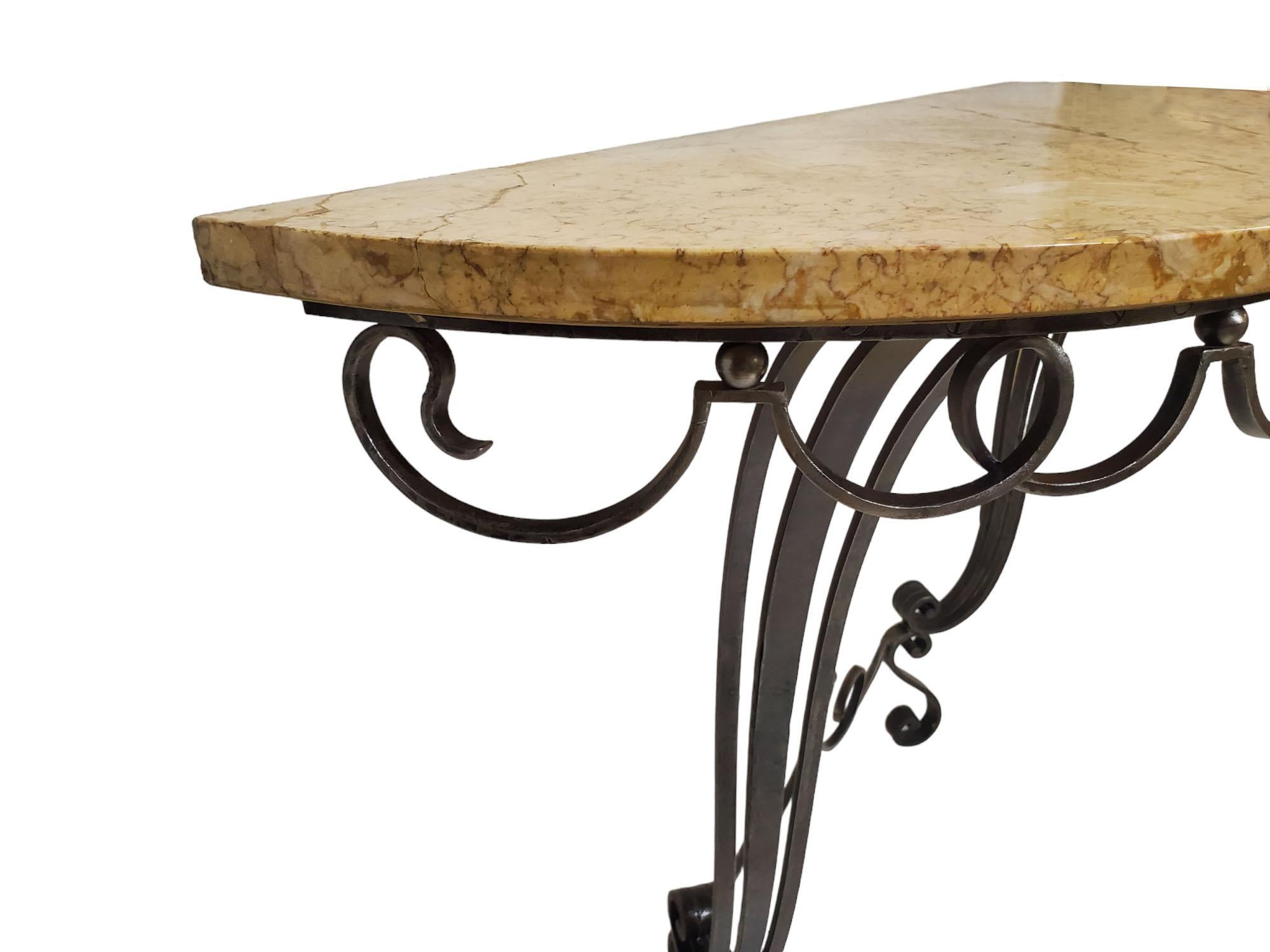 French hand forged iron demi lune console w/ marble top 6