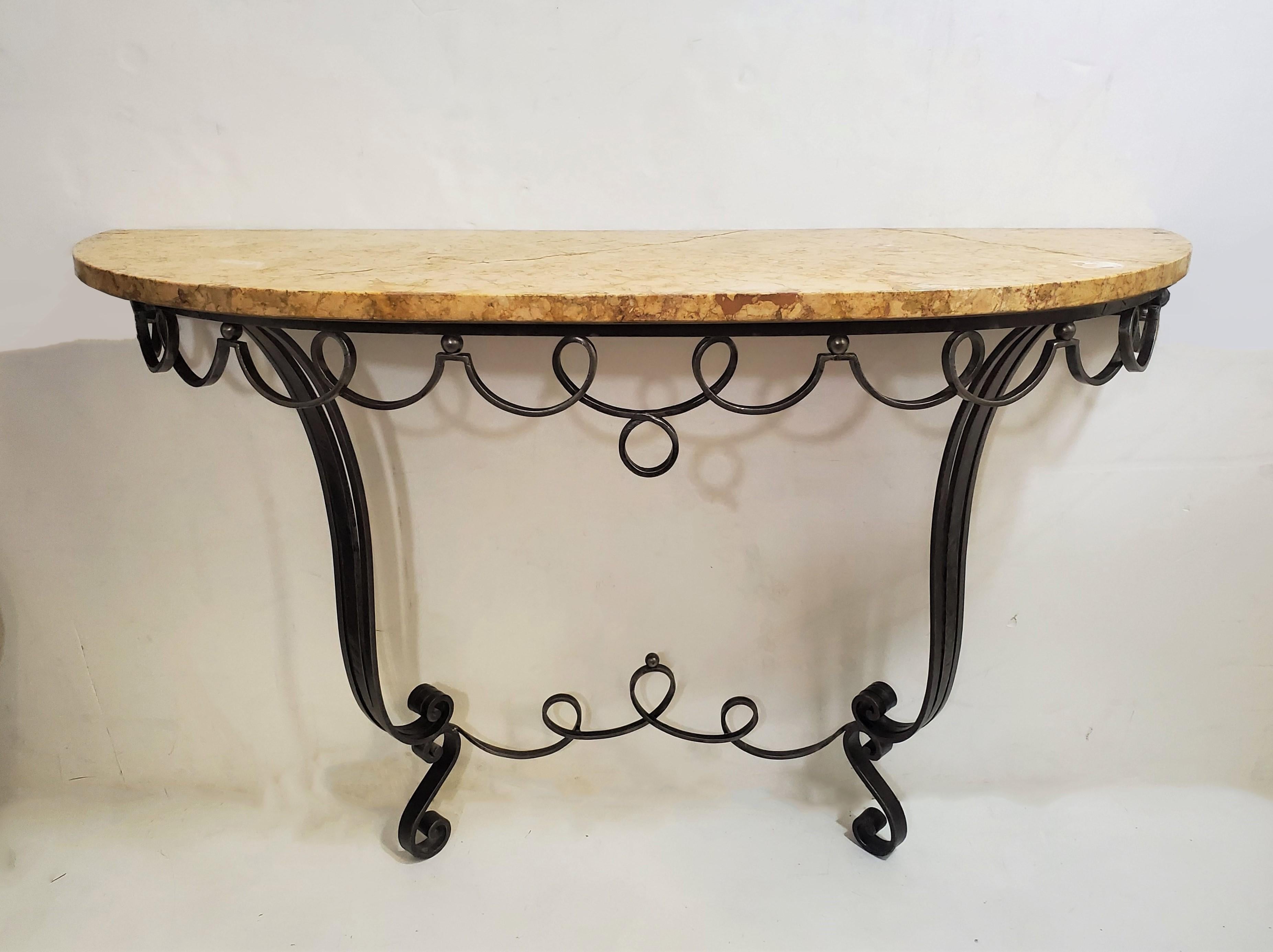 French hand forged iron demi lune console w/ marble top For Sale 13