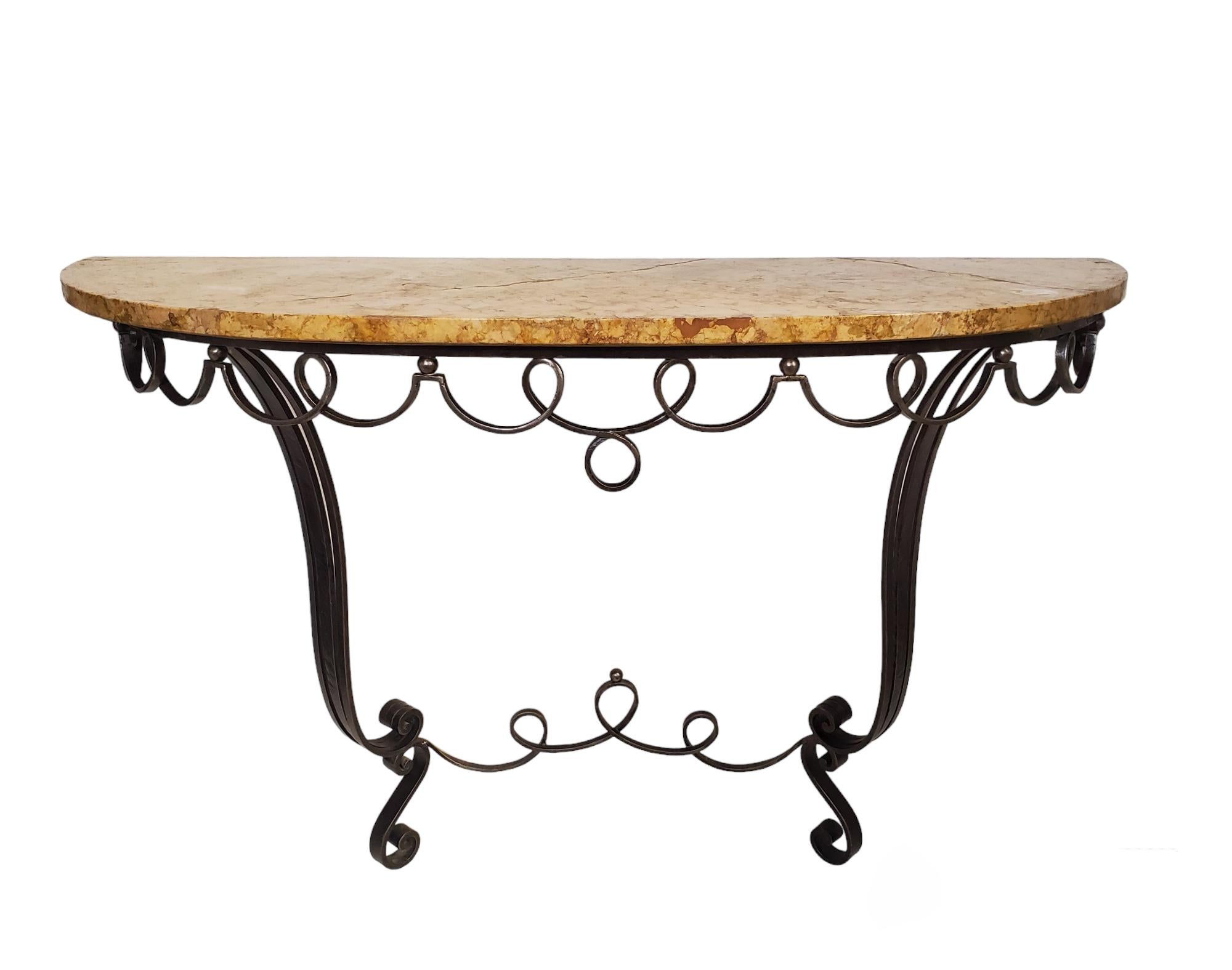 Art Deco French hand forged iron demi lune console w/ marble top