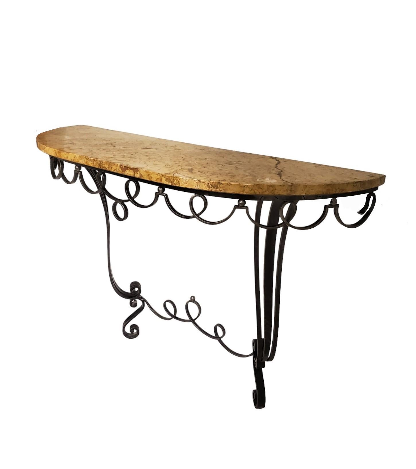 Forged French hand forged iron demi lune console w/ marble top