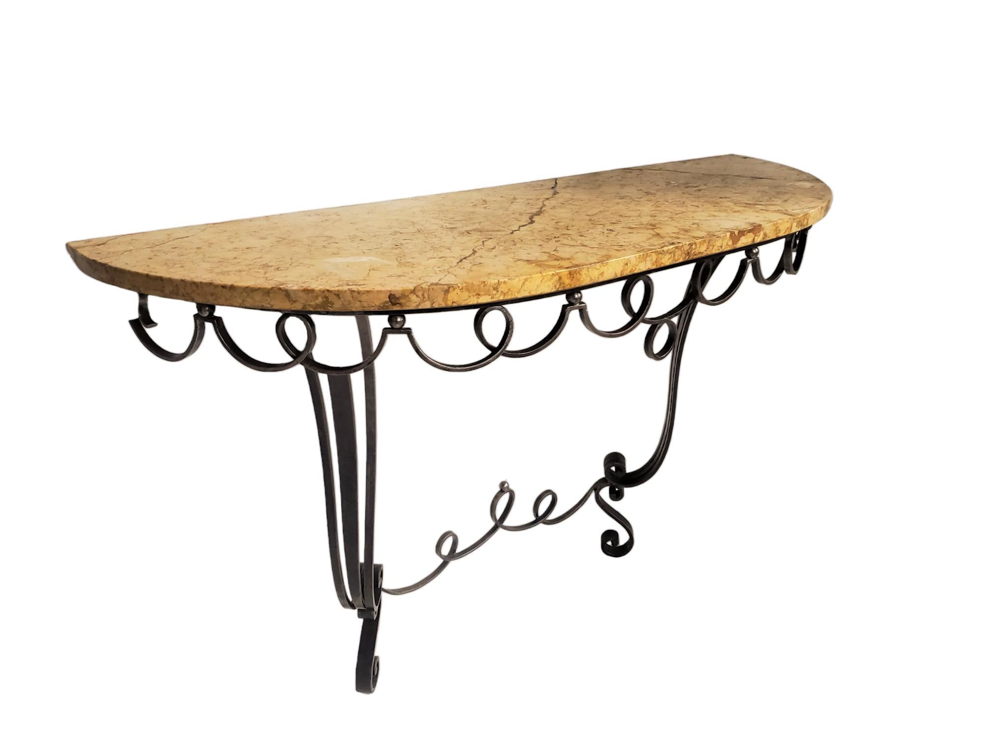 French hand forged iron demi lune console w/ marble top In Good Condition For Sale In New York City, NY