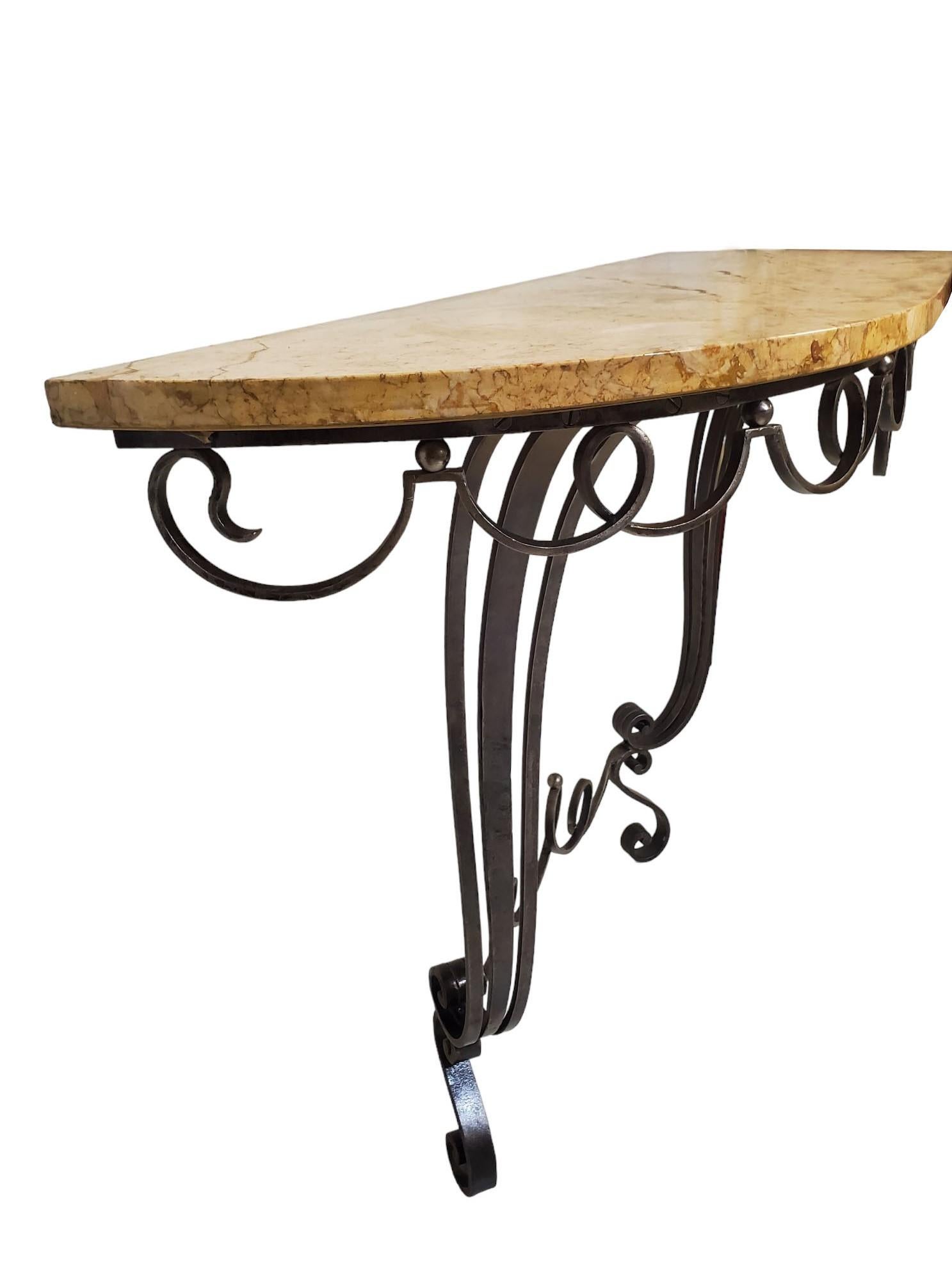 20th Century French hand forged iron demi lune console w/ marble top For Sale