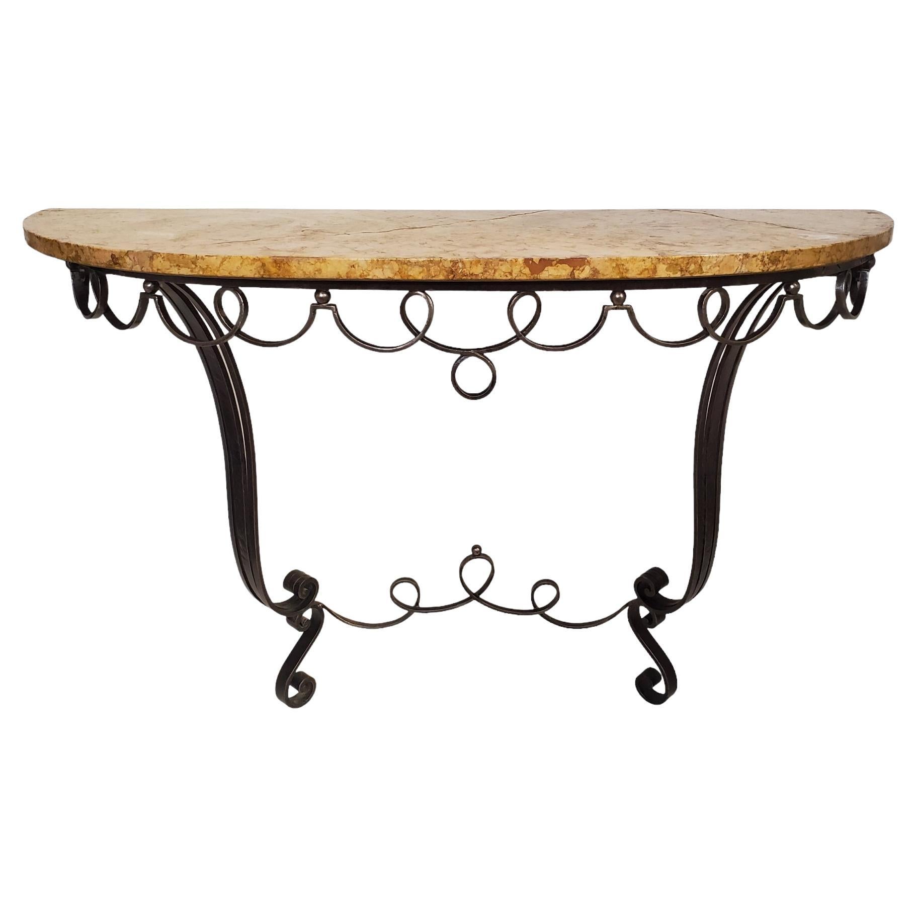 French hand forged iron demi lune console w/ marble top For Sale
