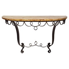 French hand forged iron demi lune console w/ marble top