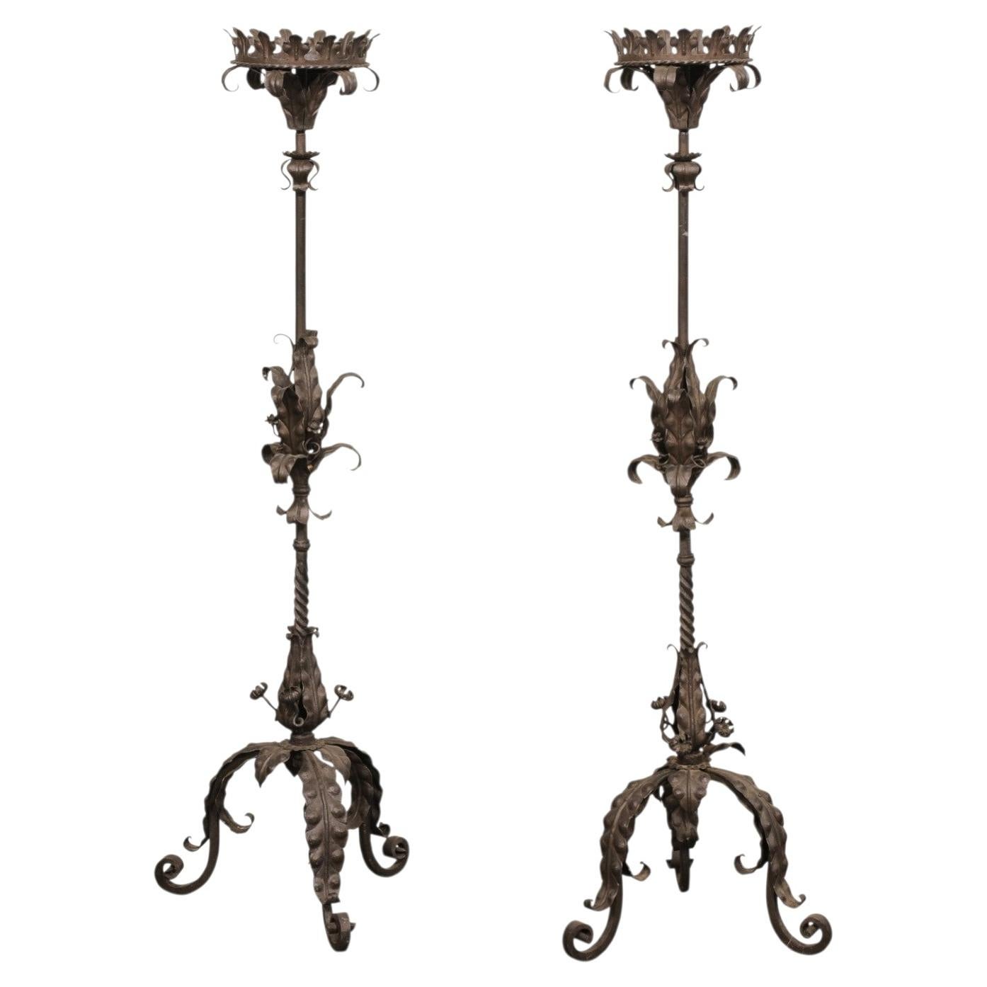 French Hand-Forged Iron Floor Candlesticks, 5 Ft For Sale