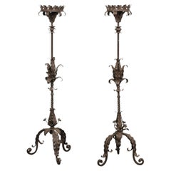 French Hand-Forged Iron Floor Candlesticks, 5 Ft