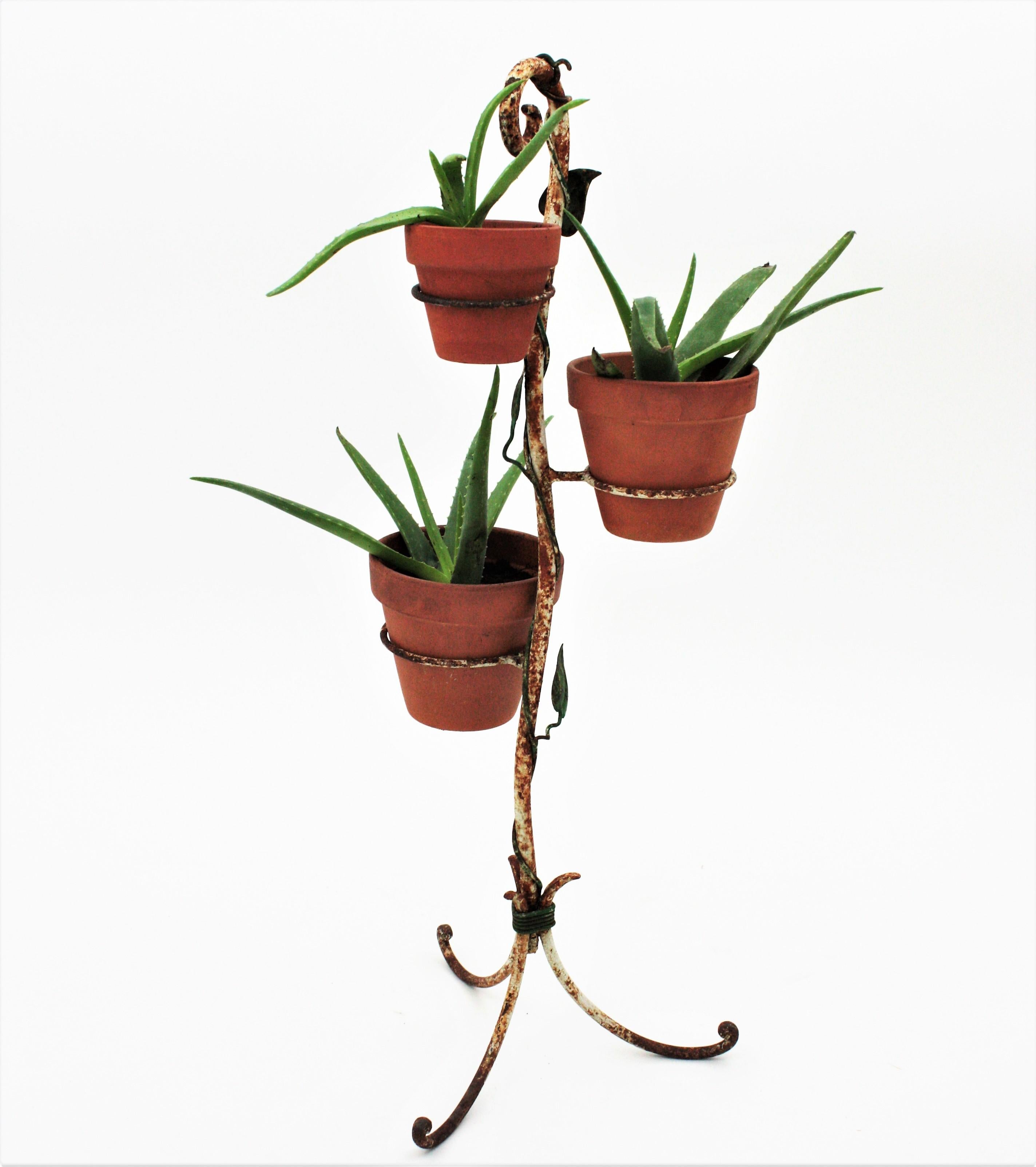 Eye-catching handcrafted iron plant stand / jardinière for three pots with foliage accents. France, 1920-1930s.
This beautiful plant rack has a design full of movement. It stands up on a tripod base and holds three rings in different sizes to place