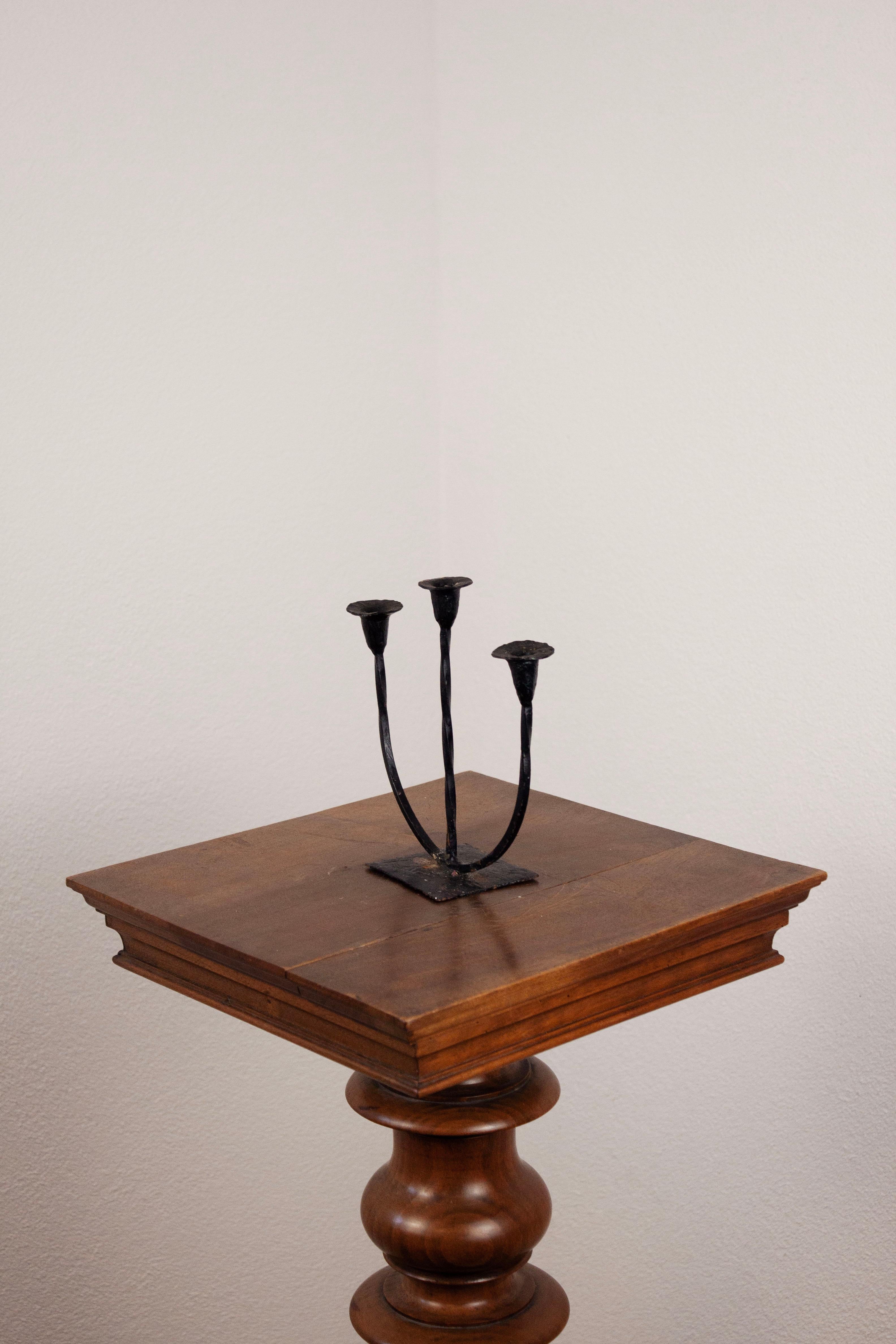 French Hand-Forged Iron Three-Arm Candelabra, Mid-20th Century For Sale 5